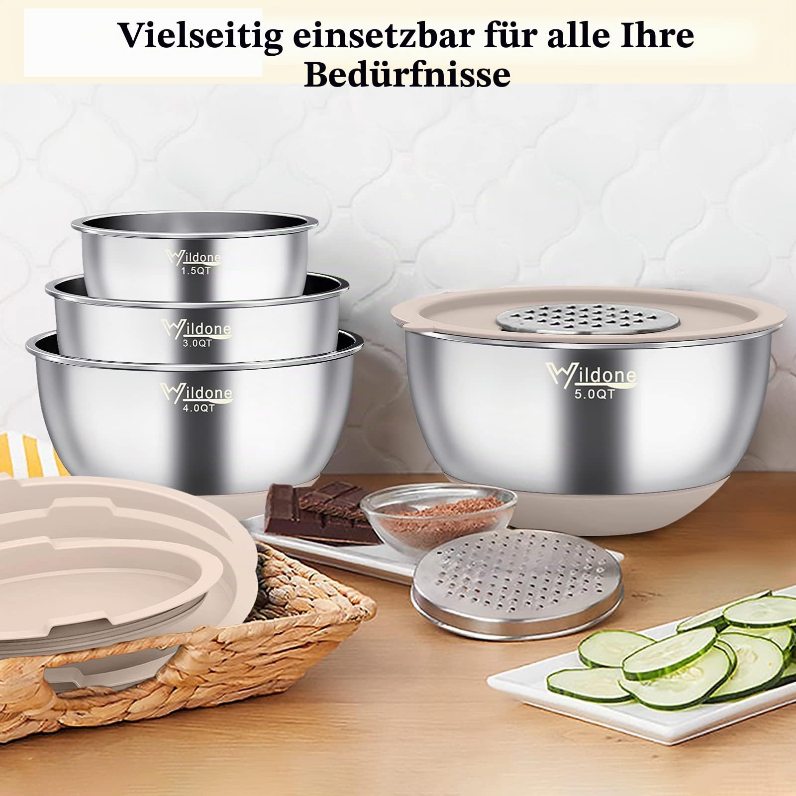 Wildone Rührschüsseln mit luftdichten Deckeln, 22 Stück Edelstahl-Metallschüsseln, 3 Reiben, Messmarkierungen und rutschfeste Unterseite, 0.63 QT, ideal zum Mixen und Servieren (Khaki)