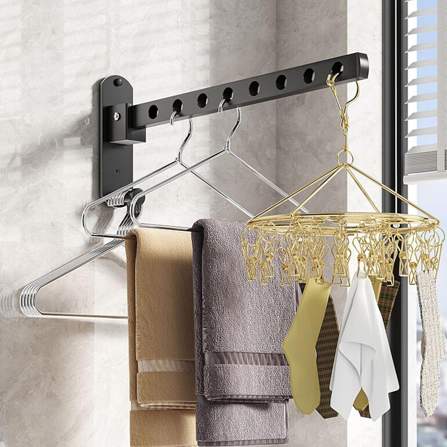 Folding Clothes Airer, 90° Rotation, Folding Clothes Airer, Wall Mounted Clothes Drying Rack, Foldable Clothes Rack for Balcony, Laundry Room, Bathroom