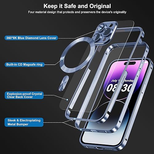 Miniatura 2 de Funda magnética transparente para iPhone 14 Pro Max con protección completa de la cámara parachoques de marco de metal patrón de CD para anillo