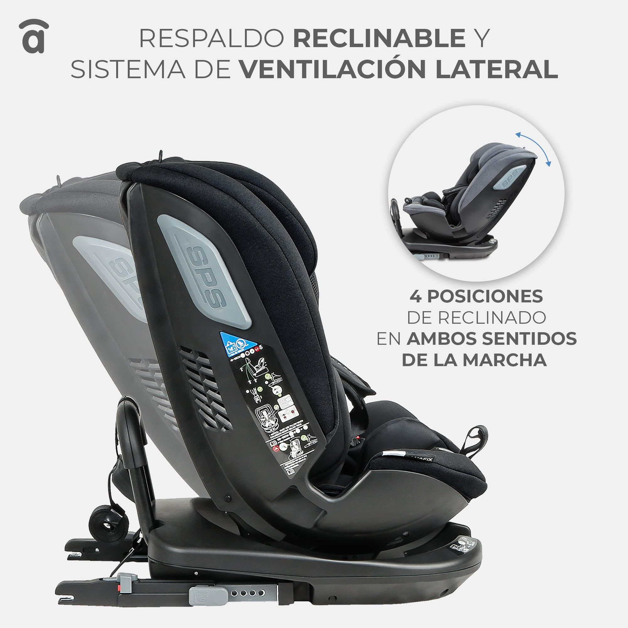 Silla de Coche i-Size 40-150 cm Grupo 0 1 2 3, ISOFIX + Top Tether, Giro 360°, Contramarcha hasta 105 cm, Reclinable – Asalvo Panafix Gris
