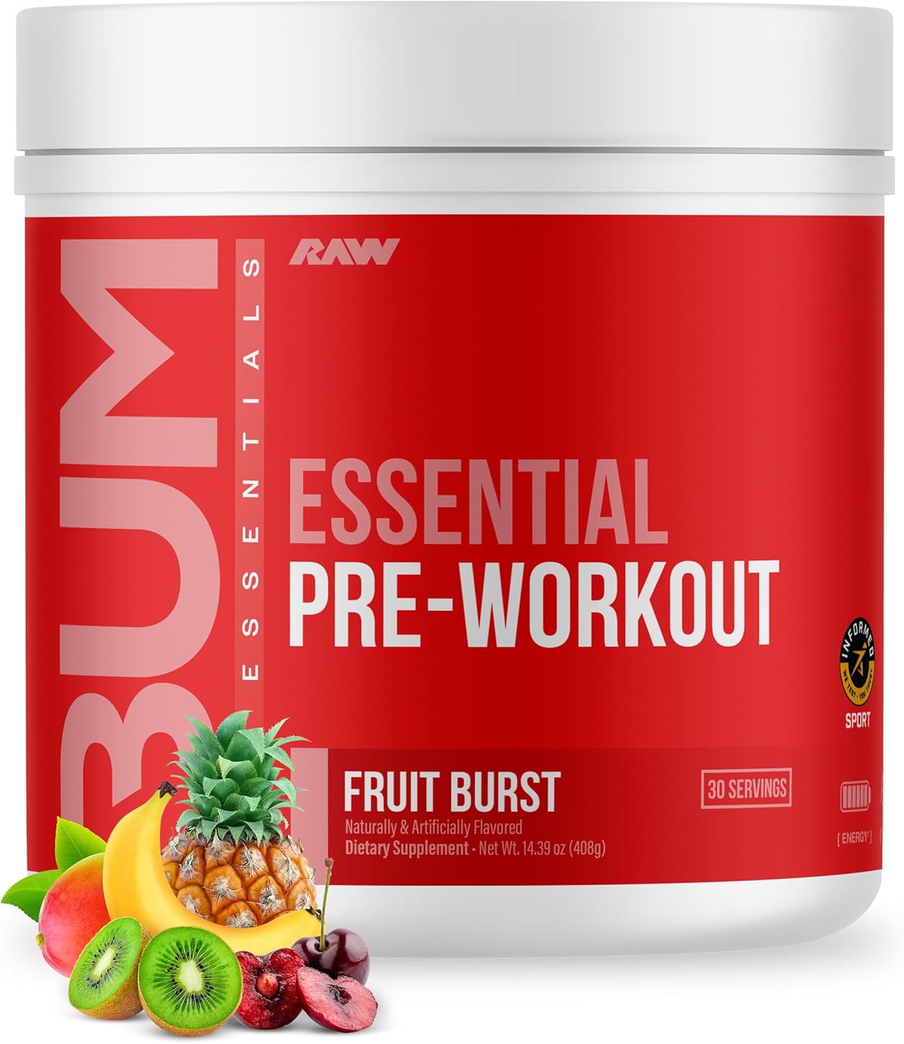 RAW Essential Pre-Workout Powder (Fruit Burst) - Chris Bumstead Sports Nutrition Supplement for Men