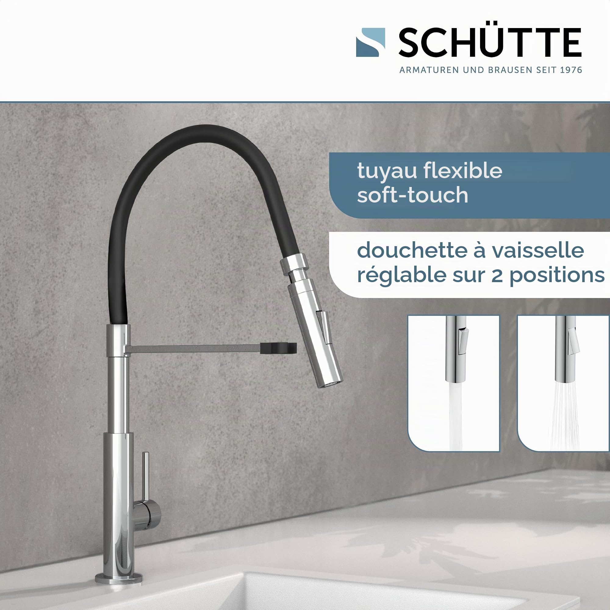 Schütte 79180 STILO douchette extractible, Robinet pivotant à 360 degrés, mitigeur monocommande pour évier de Cuisine Chromé/Noir