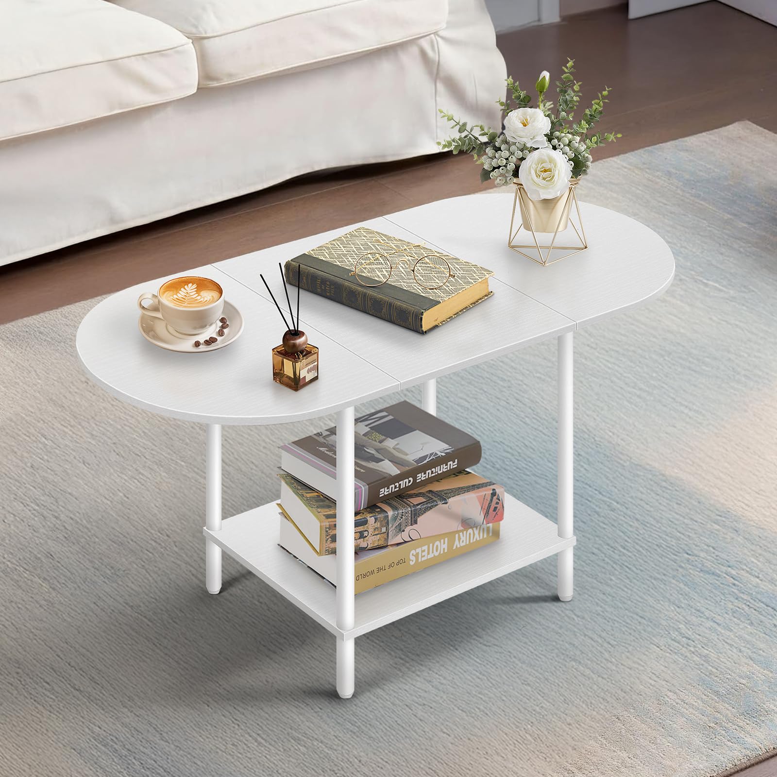 White Coffee Tables for Living Room Mid Century Oval Center Table with Storage Shelf and Wood Tabletop 2-Tier