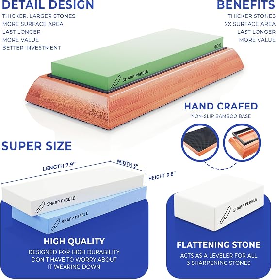 Sharp Pebble Knife Sharpening Stones Kit -Grits 400/1000/6000