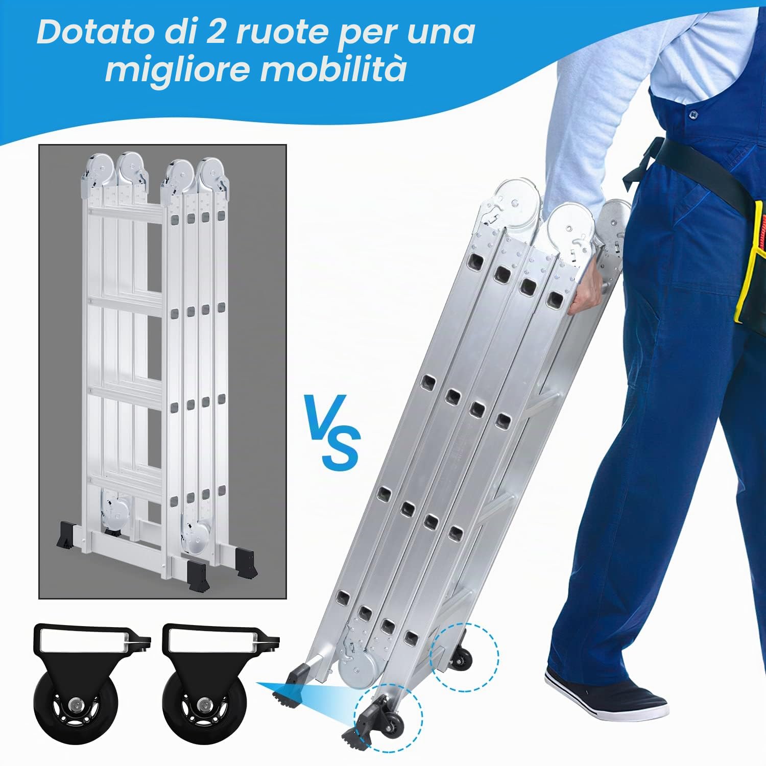 Scala Multiuso in Alluminio 4,7 m - 4 x 4 Gradini Con Piattaforma e 2 Ponteggi - Pieghevole, 16 Gradini, Fino a 150 kg, Argento