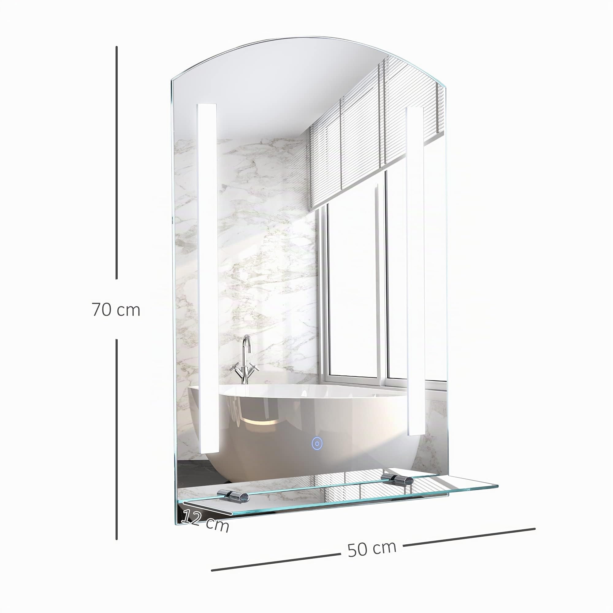 kleankin Espejo de Baño con Luces LED 70x50 cm Interruptor Táctil Plata | Espejo para Baño, Iluminación Regulable, Función de Memoria, Estante de Vidrio, para Salón Entrada