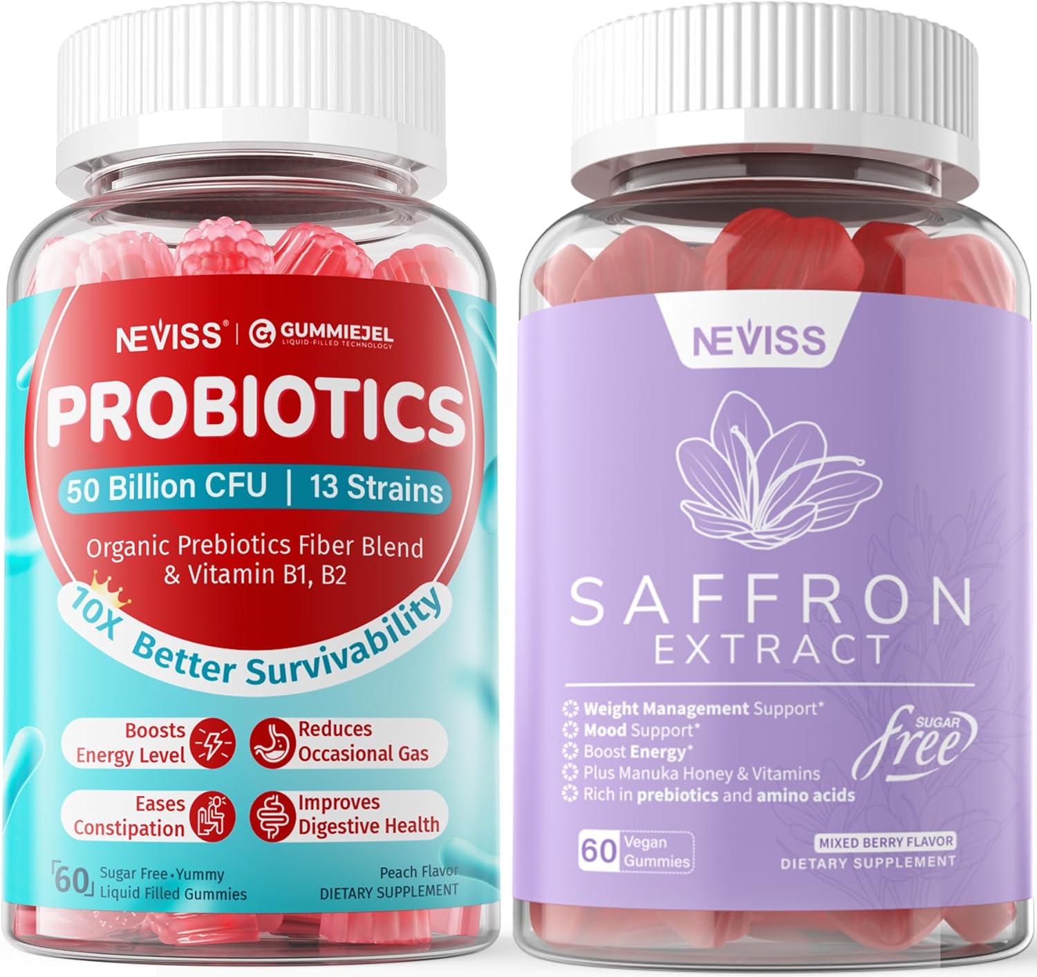 NEVISS Saffron Gummies + Sugar Free Probiotics Gummies