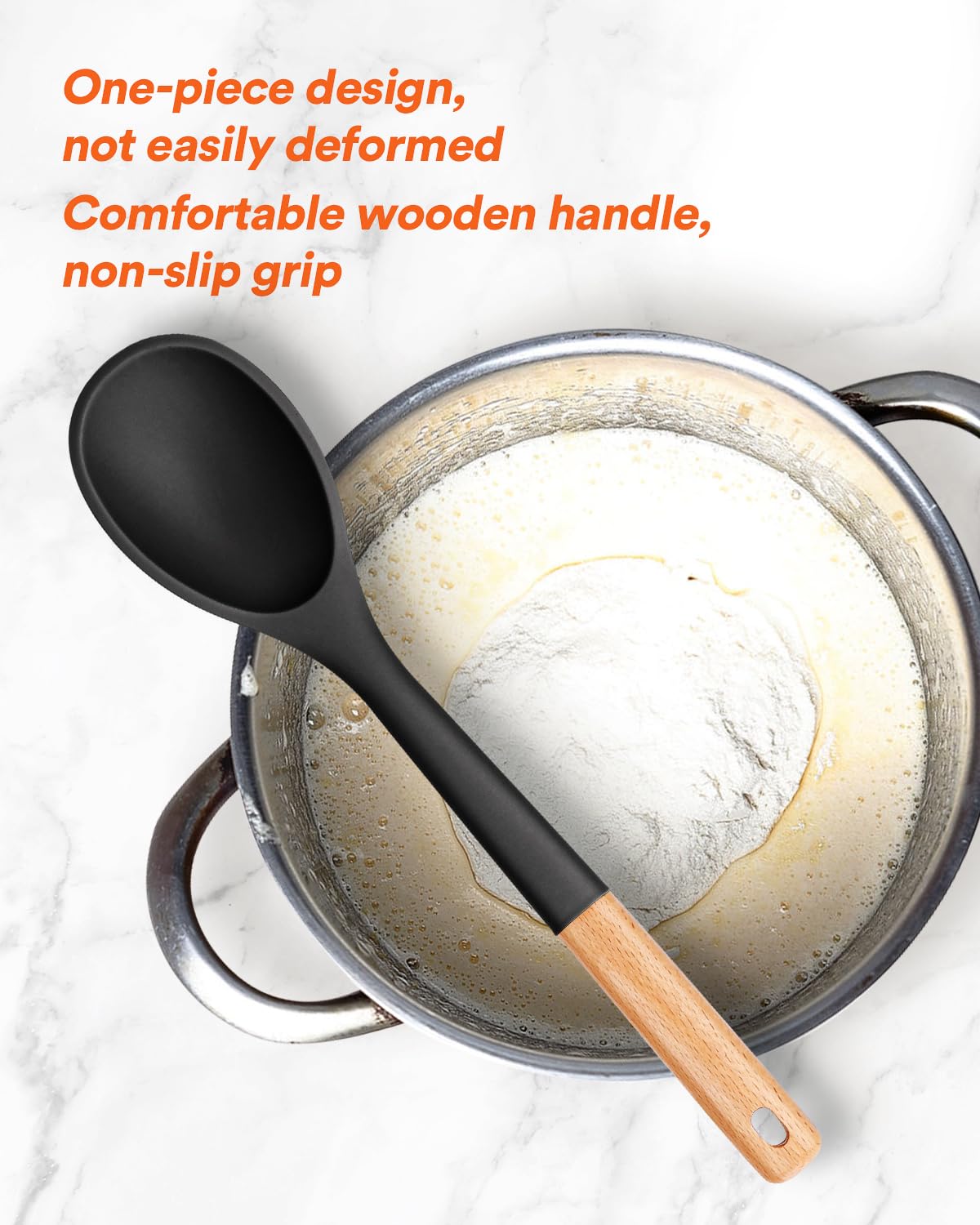 Cucharas de cocina grandes de silicona, cuchara antiadherente con mango de madera maciza, cucharas de cocina de silicona resistentes al calor para cocinar, servir, untar y mezclar, 13.2 pulgadas,