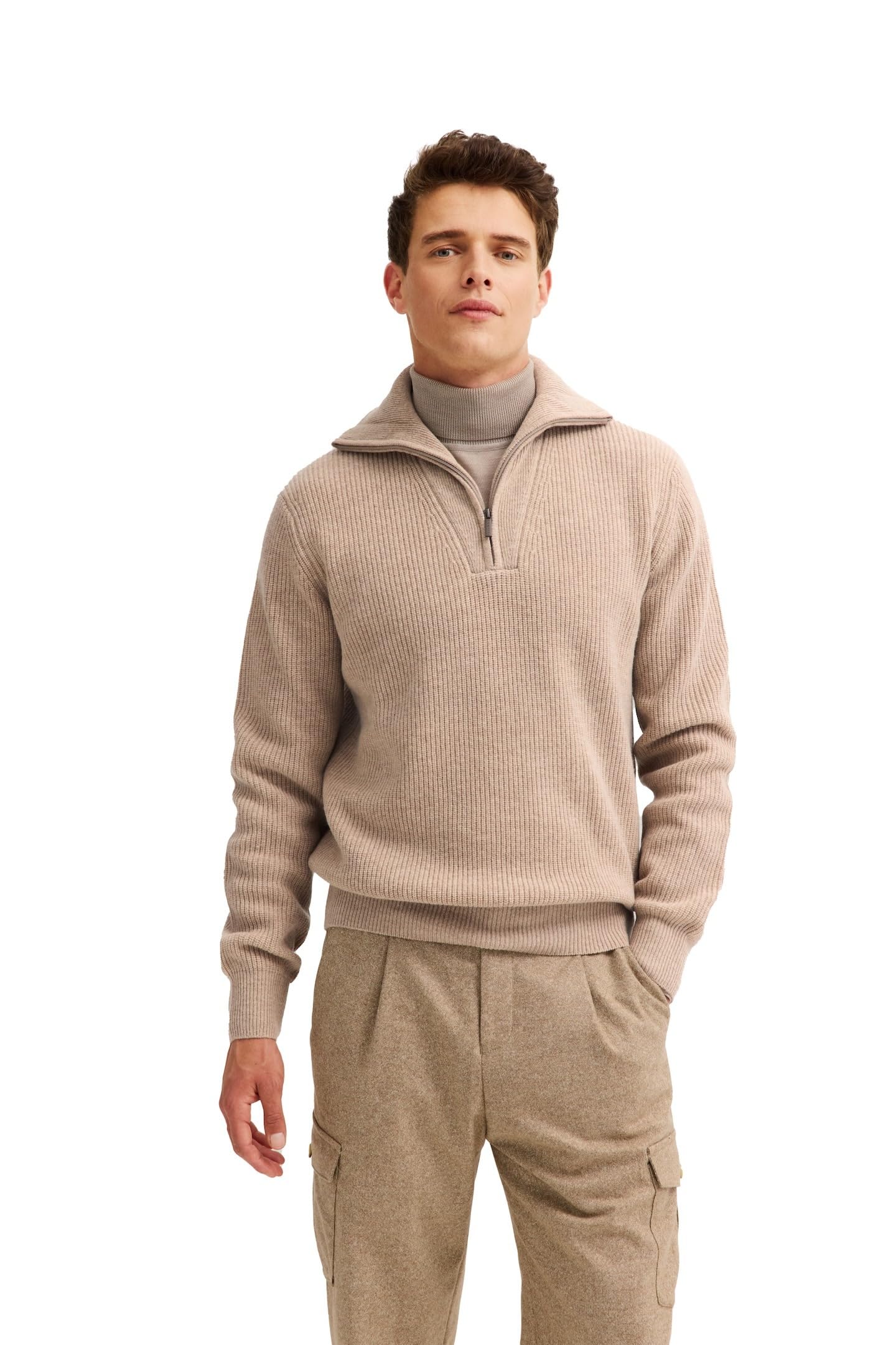 bugatti Herren Troyer 7500-85566D Regular Fit RIPP-Struktur hoher Stehkragen kurzer Reißverschluss warm elegant Casual