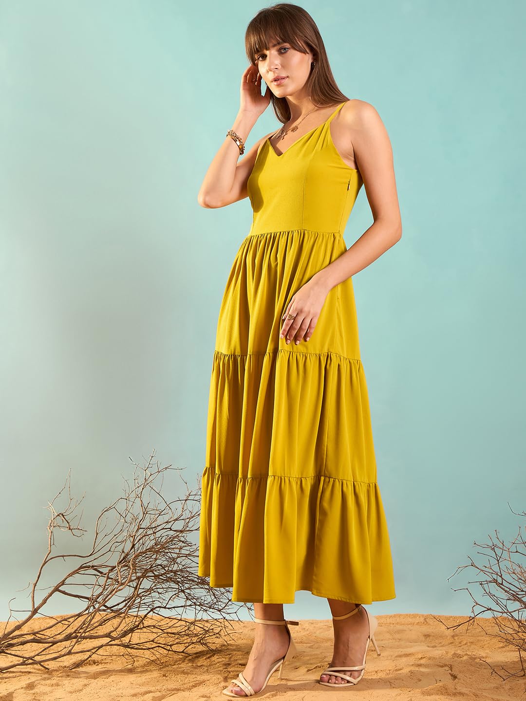 Rare Women's Polyester Fit And Flare Maxi Dress (Ep8142A_Mustard