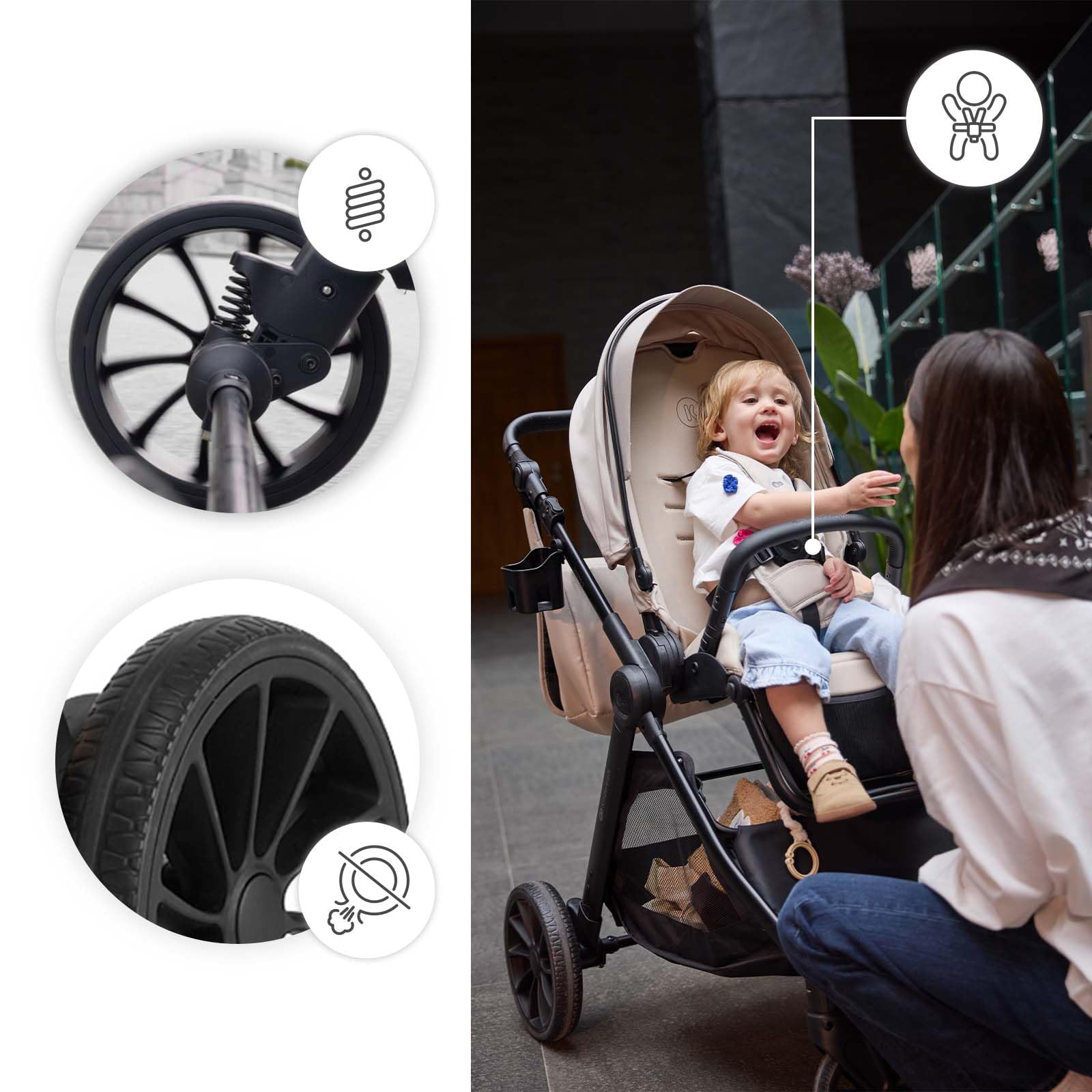 Kinderkraft VESTO 2 Passeggino fino a 22 kg, seduta reversibile fronte mamma e mondo, chiusura con seduta montata, self-standing, ruote ammortizzate, Beige