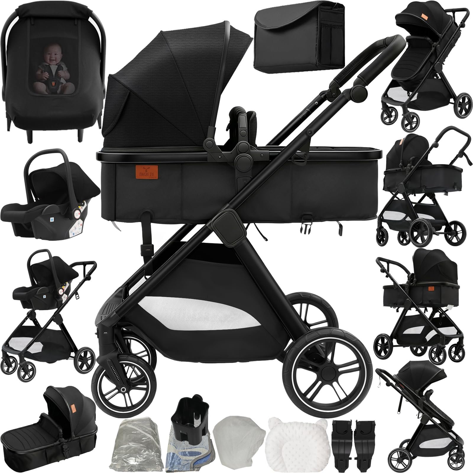 Magic ZC PU Leather 3 in 1 Pushchair Pram Travel System, Baby Stroller 3 in 1 with Reversible Two Pushing Modes, Newborn Infant Carriage One-Click Folding, Toddler Buggy Aluminum Frame (Black 518) — view 17