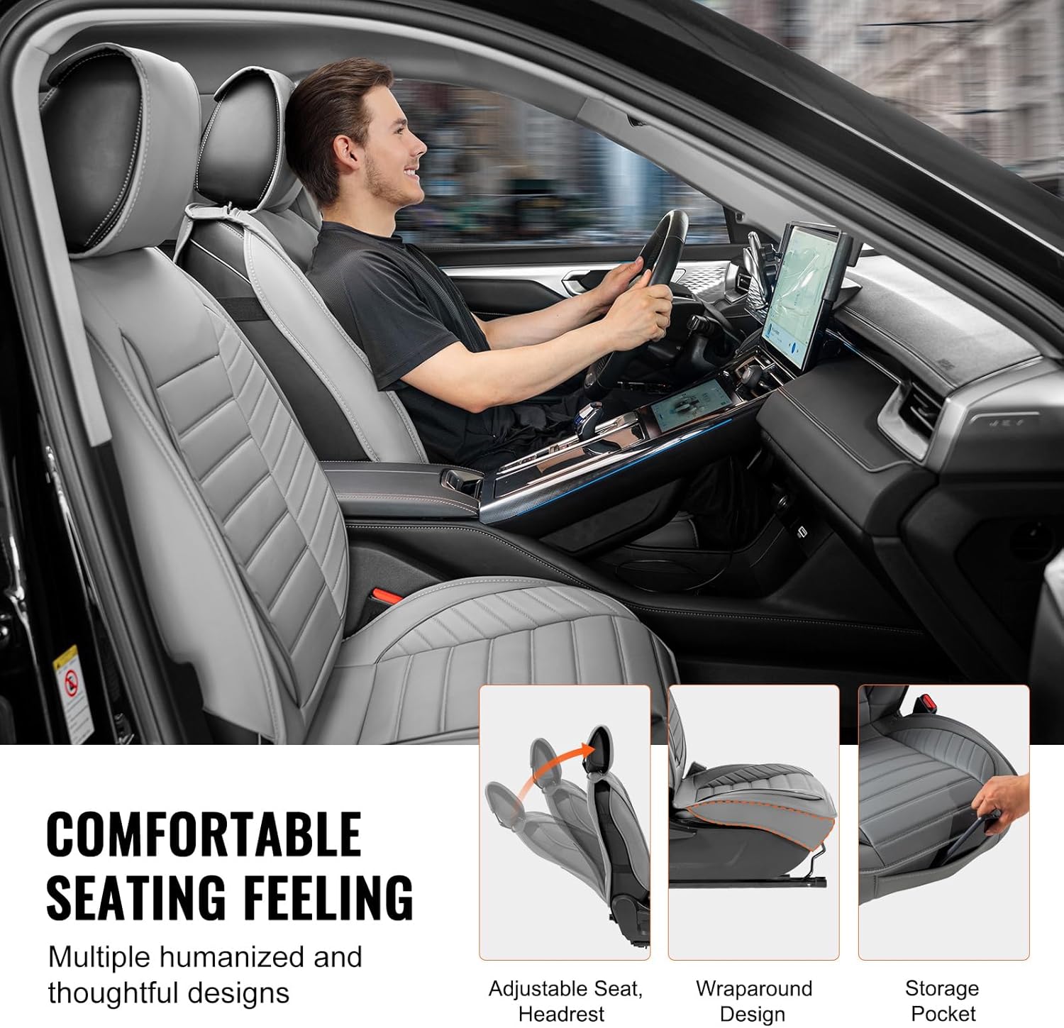 Gray Faux Leather Universal Car Seat Covers with Detachable Headrest