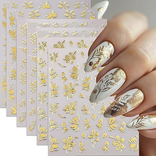 6Pcs Gold Nail Art Stickers 3D Metallic Flower Leaf Nails