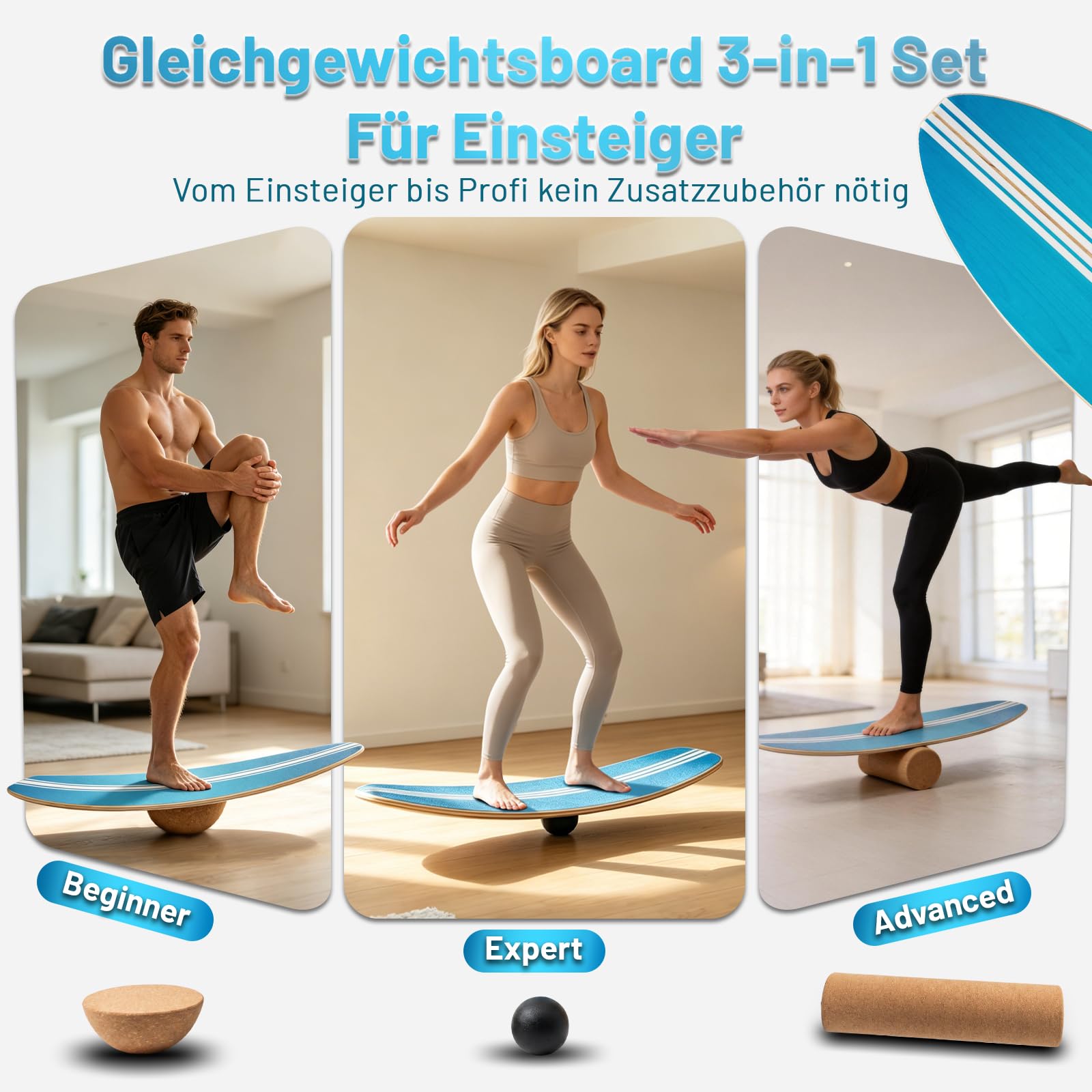 Balance Board Erwachsene Wackelbrett, Gleichgewichtstrainer Holz, Balanceboards für Fitness, Surfin Balance Board, Yoga & Koordination, Korkrolle & Halbkugel und Ball, Rutschfest bis 200kg