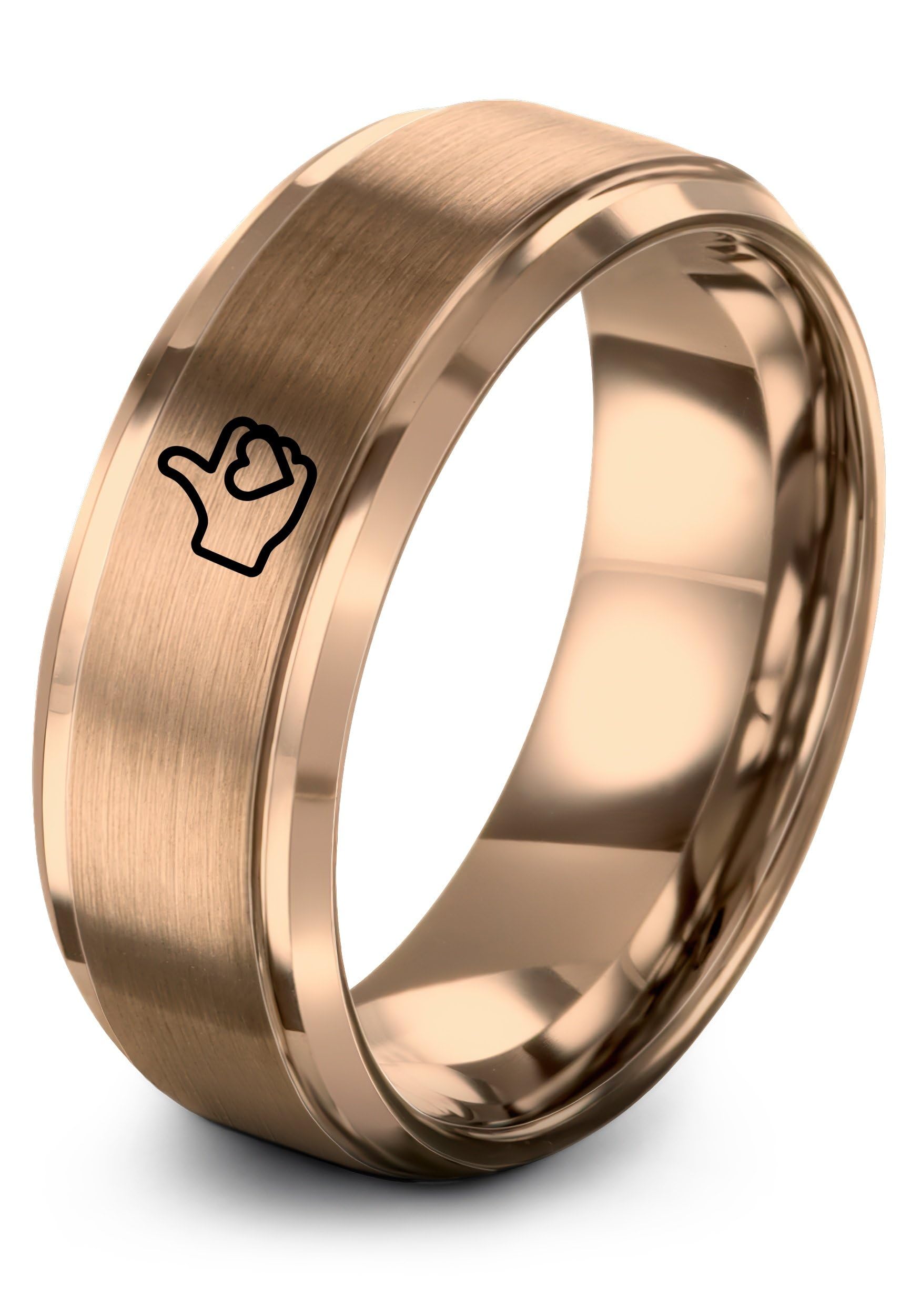 thumbs Up Heart Ring - Gift for Inclusivity Supporter - Flat Dome Bevel - 8mm - Tungsten - Band - Men Women - Anniversary Wedding - Silver Yellow Rose Gold Gunmetal - Personalized Custom Engraving 10 - Rose Gold Tungsten 12.5