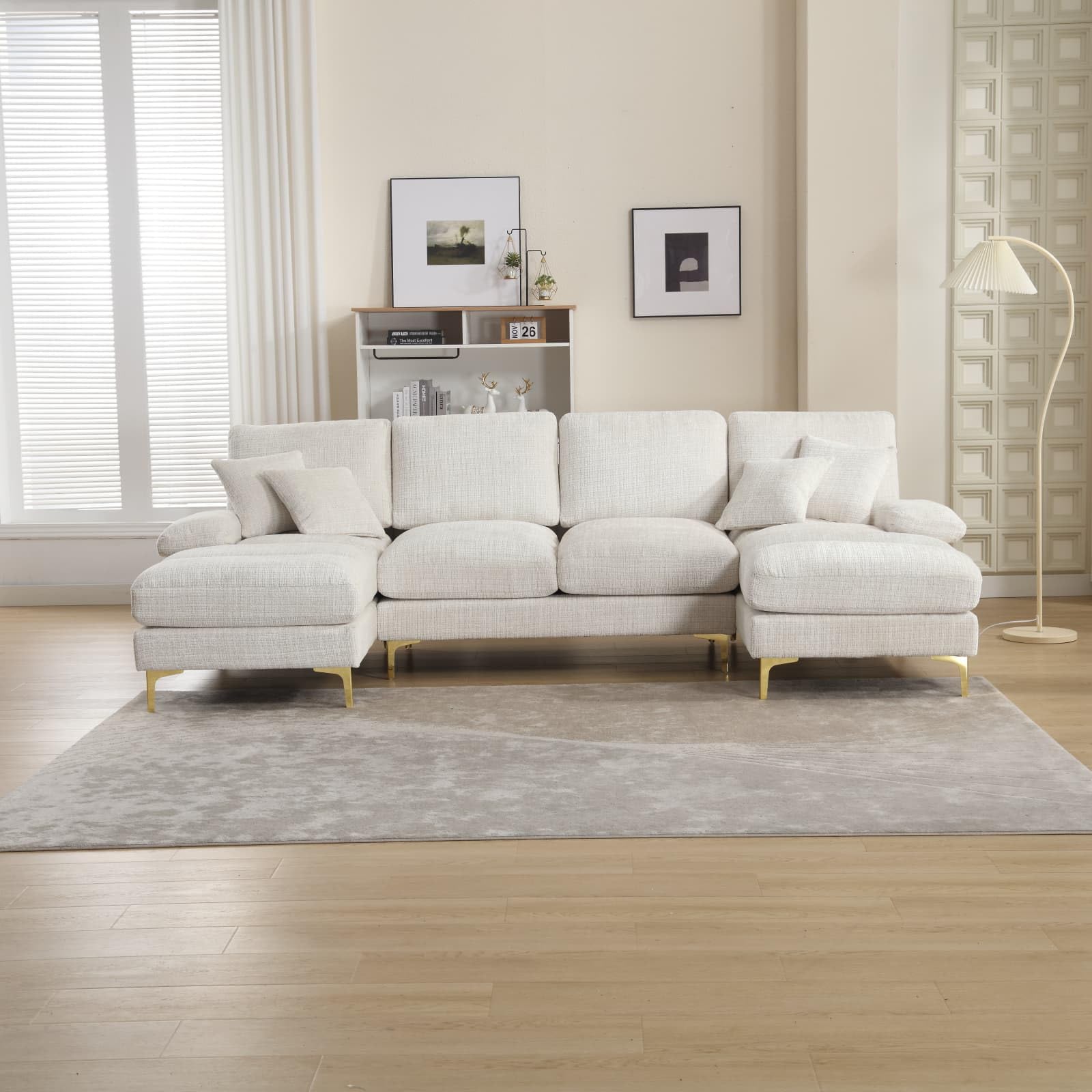 KOMHTOM Canapé Modulaire 4 Places avec Sièges Inclinables Doubles, Canapé en U avec 4 Grands Coussins de Dossier et 2 Petits Coussins, Meubles de Salon (Beige)