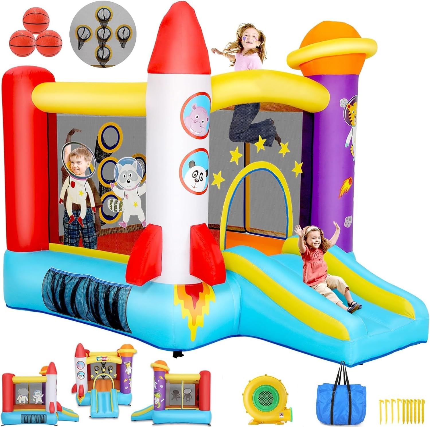 Whubefy 106x81x79in Inflatable Bounce House for Kids 3-6, Space Adventure Astronaut Role-Play Castle with Slide, Safety Netting, Puncture-Resistant Oxford Cloth, Easy Setup for Indoor/Outdoor Fun