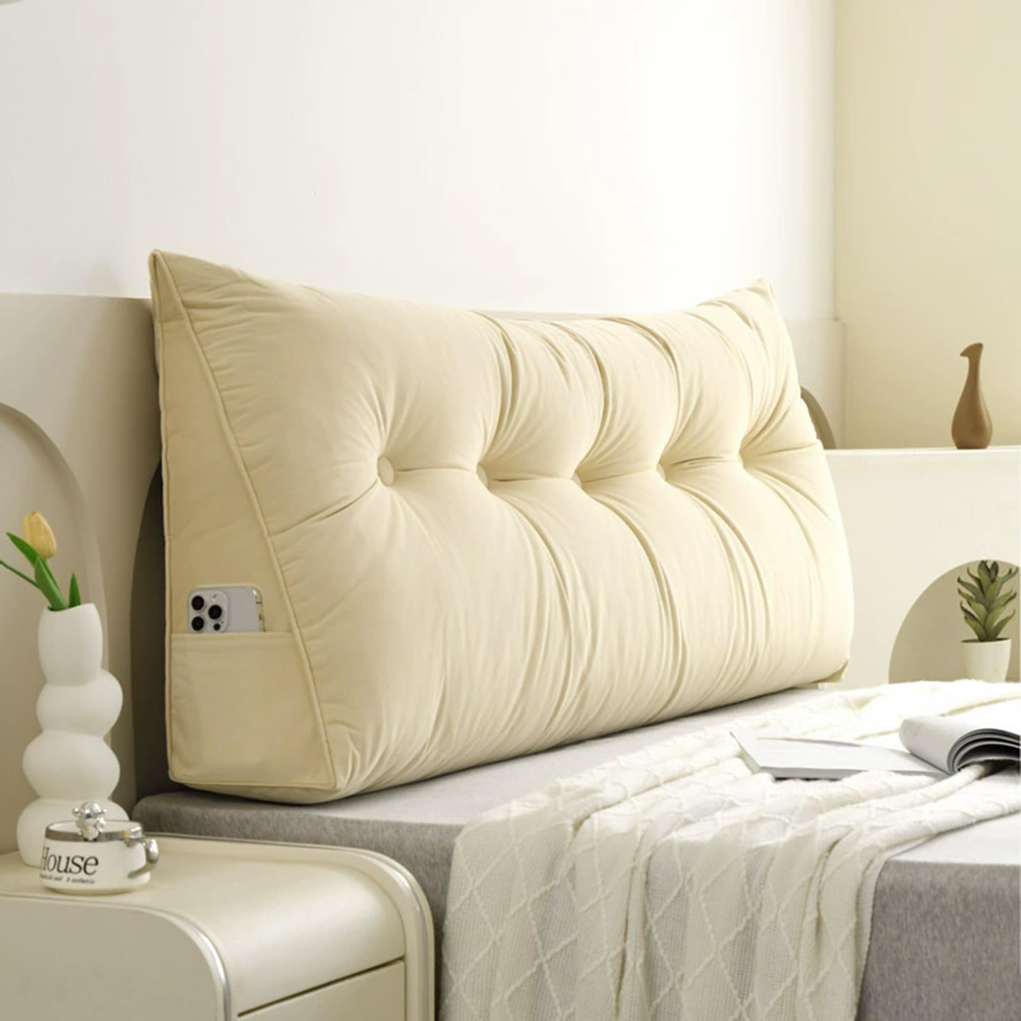 Hruile Triangular Backrest Reading Pillow, Ergonomic Lumbar Support Cushion for Backrest, Wedge Headboard Pillow, Double Single Bed Back Cushion with Removable Cover (60x50x20cm,Beige)