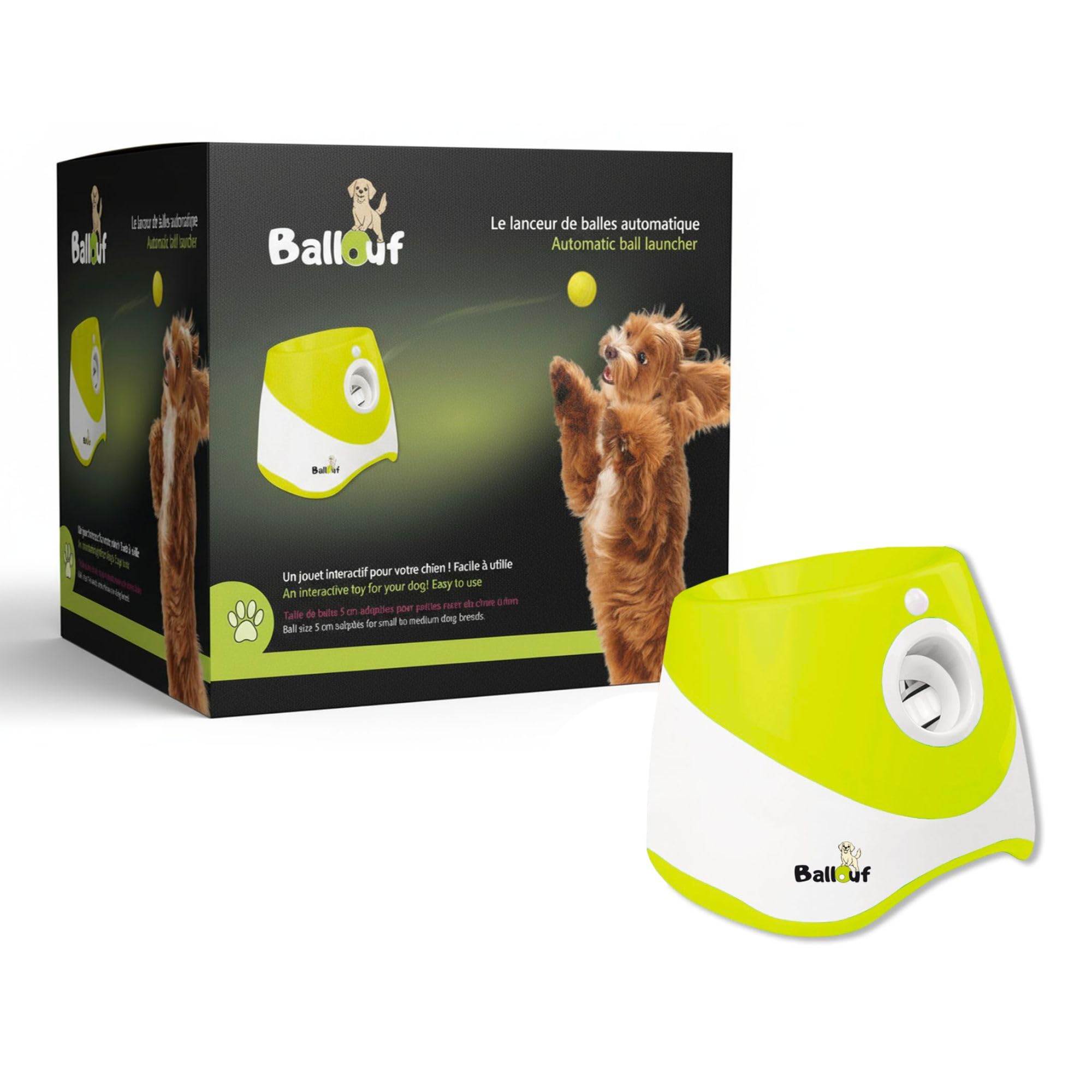 Climsom Ballouf Automatic Dog Ball Thrower – Interactive Ball Launcher for Small & Medium Dogs – Mental Stimulation Toy – Includes 6 Balls – 5H Rechargeable Battery – 3 Launch Distances (10/20/30 FT)