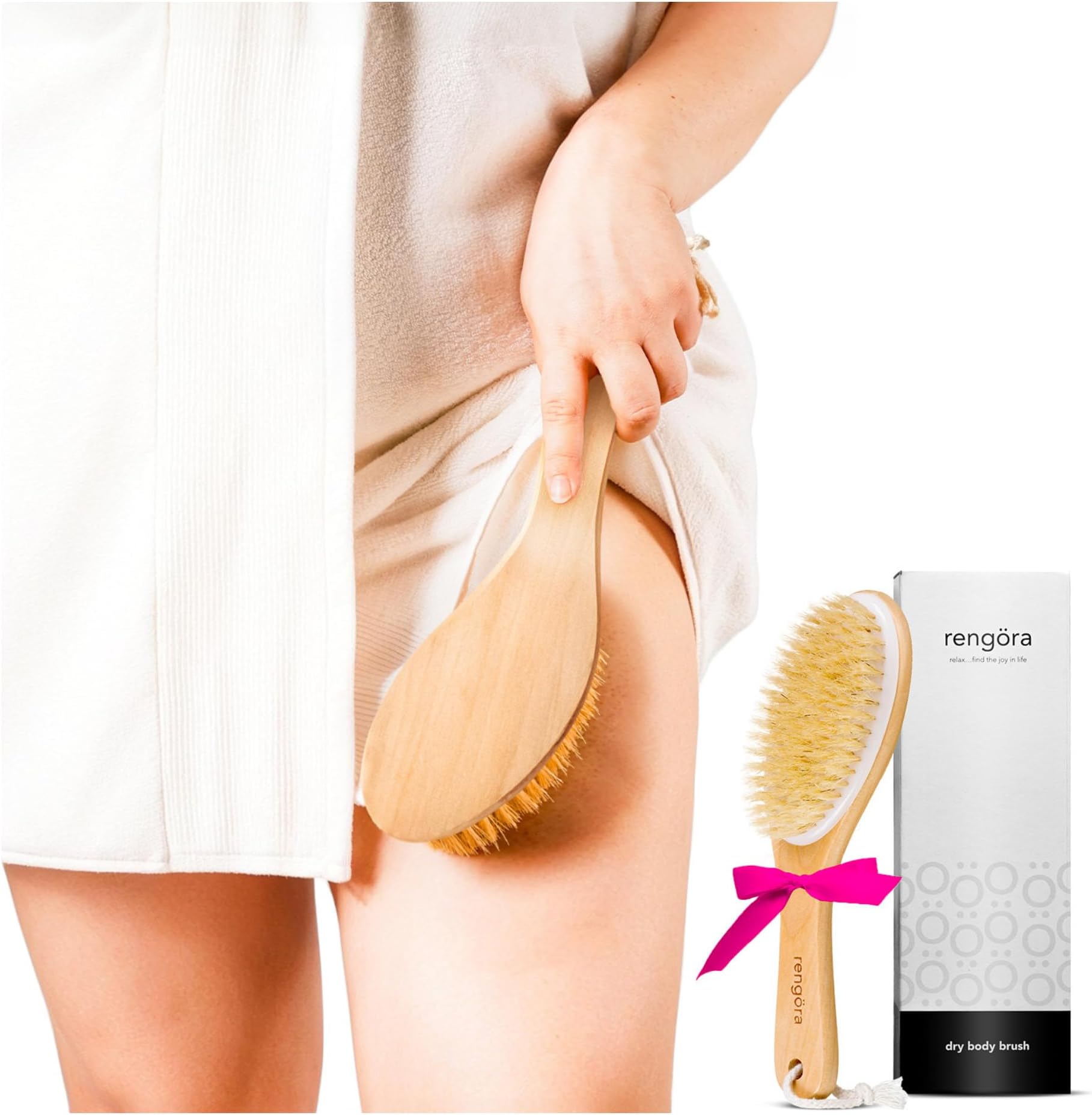 Dry Brushing Body Brush, Body Scrubber Dual-Use for Wet/Dry Exfoliating, Great for Lymphatic Drainage, Natural Boar Bristles, Ergonomic Handle, Makes a Nice Gift by Rengora