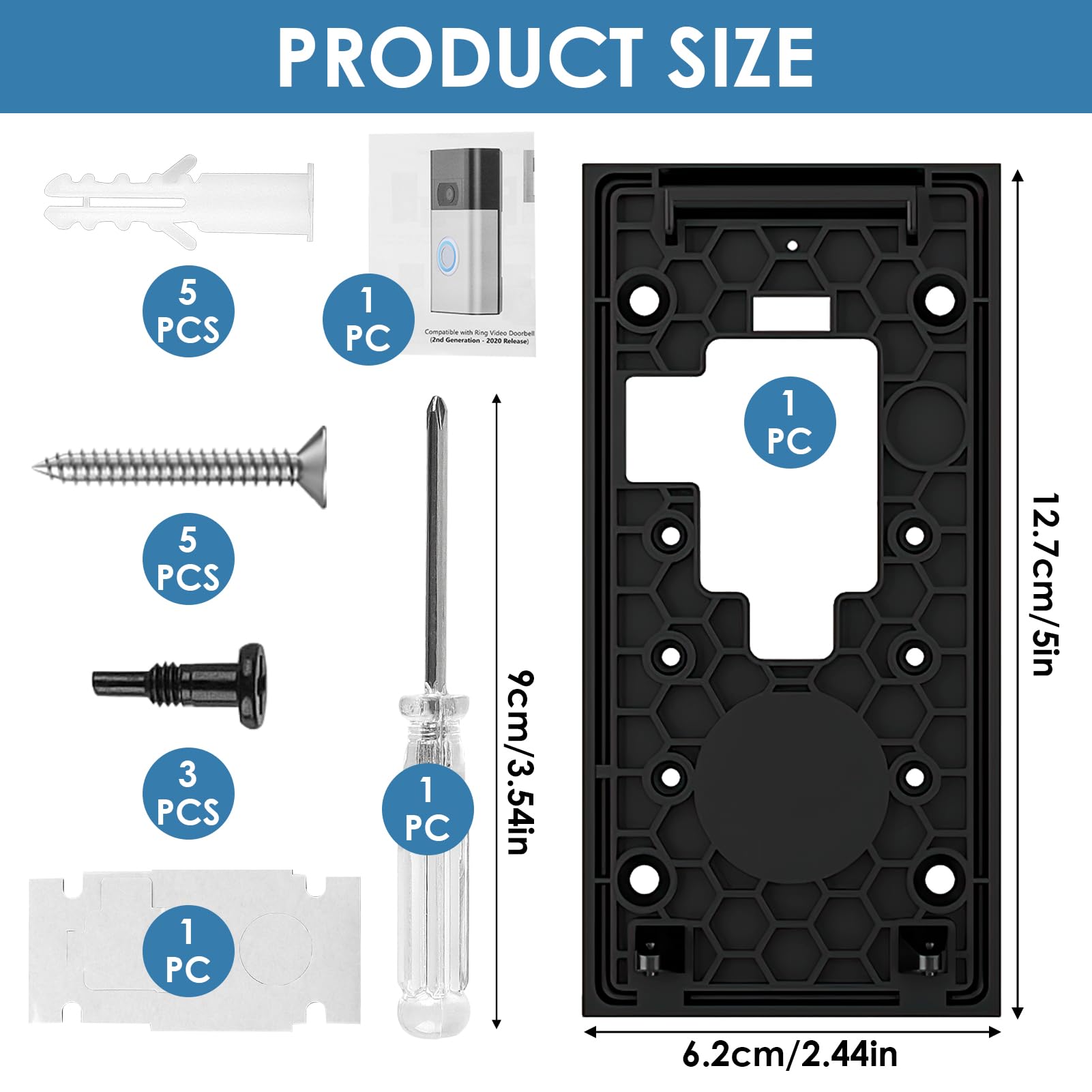 Doorbell No Drill Mount for Ring Doorbell 2nd Generation 2020 Release Wall Bell Ring Replacement Mounting Bracket Kit with Strong Sticky Pad for Door Wall Apartment Home Office - Image 2