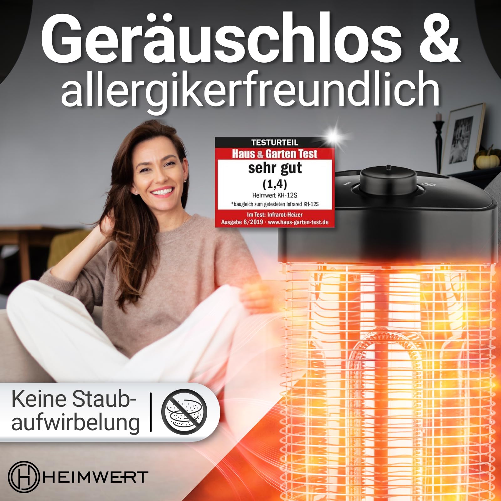 Heimwert Infrarot Stand Heizstrahler – Sofortige Wohlfühlwärme für Terrasse & Innenbereich, mobil & effizient, geräuschlos & allergikerfreundlich - Testurteil Sehr gut (52cm Höhe)