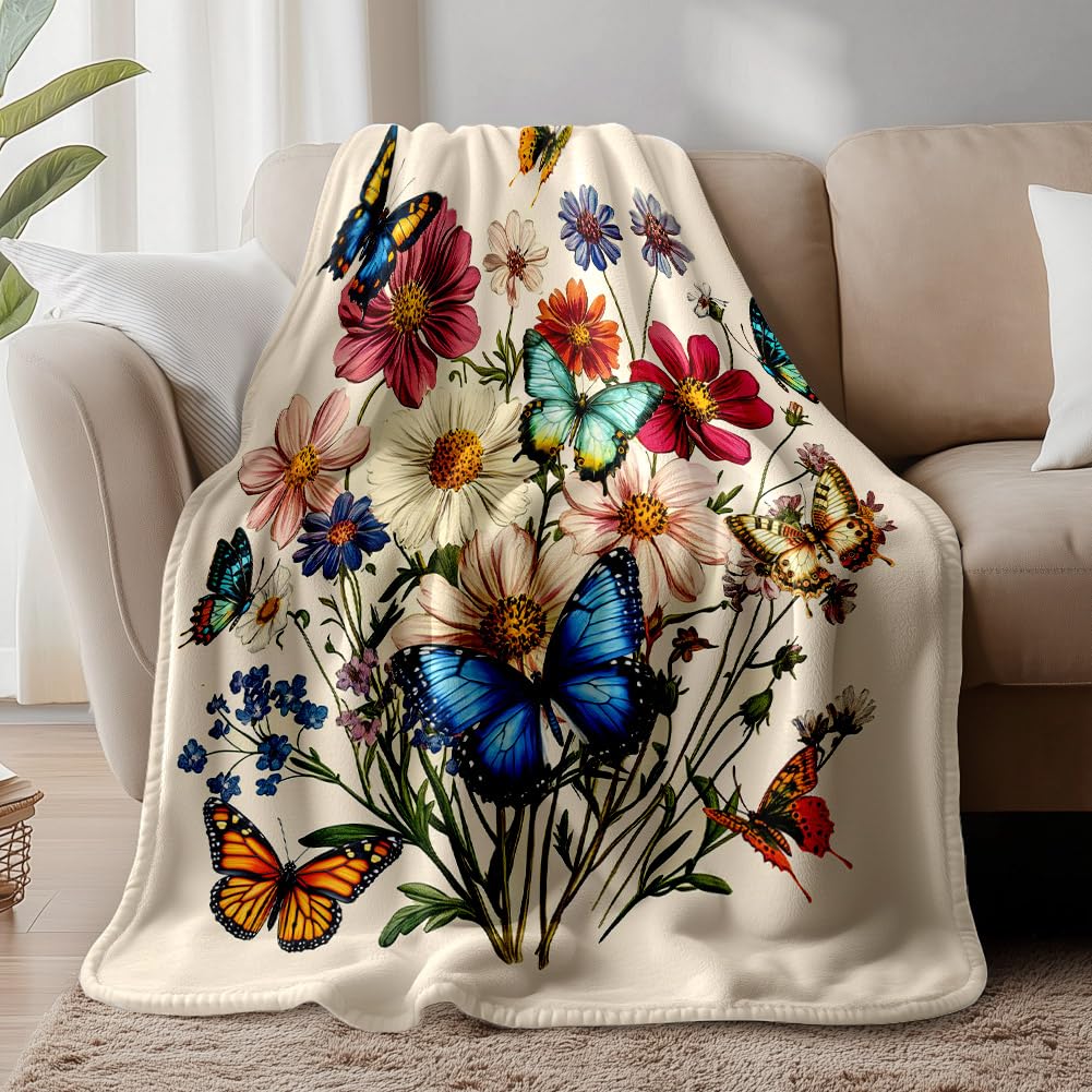 Couverture fleurs et papillons sauvage plaid polaire flanelle vintage 150x130