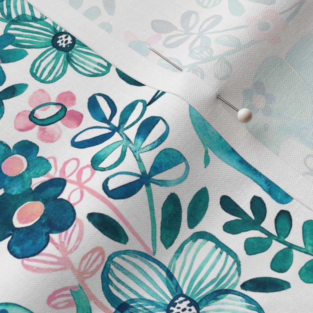 Spoonflower Fabric - Little Teal Elephant Watercolor Floral White Pink Animal Kids Printed on Petal Signature Cotton Fabric by The Yard - Sewing Quilting Apparel Crafts Decor