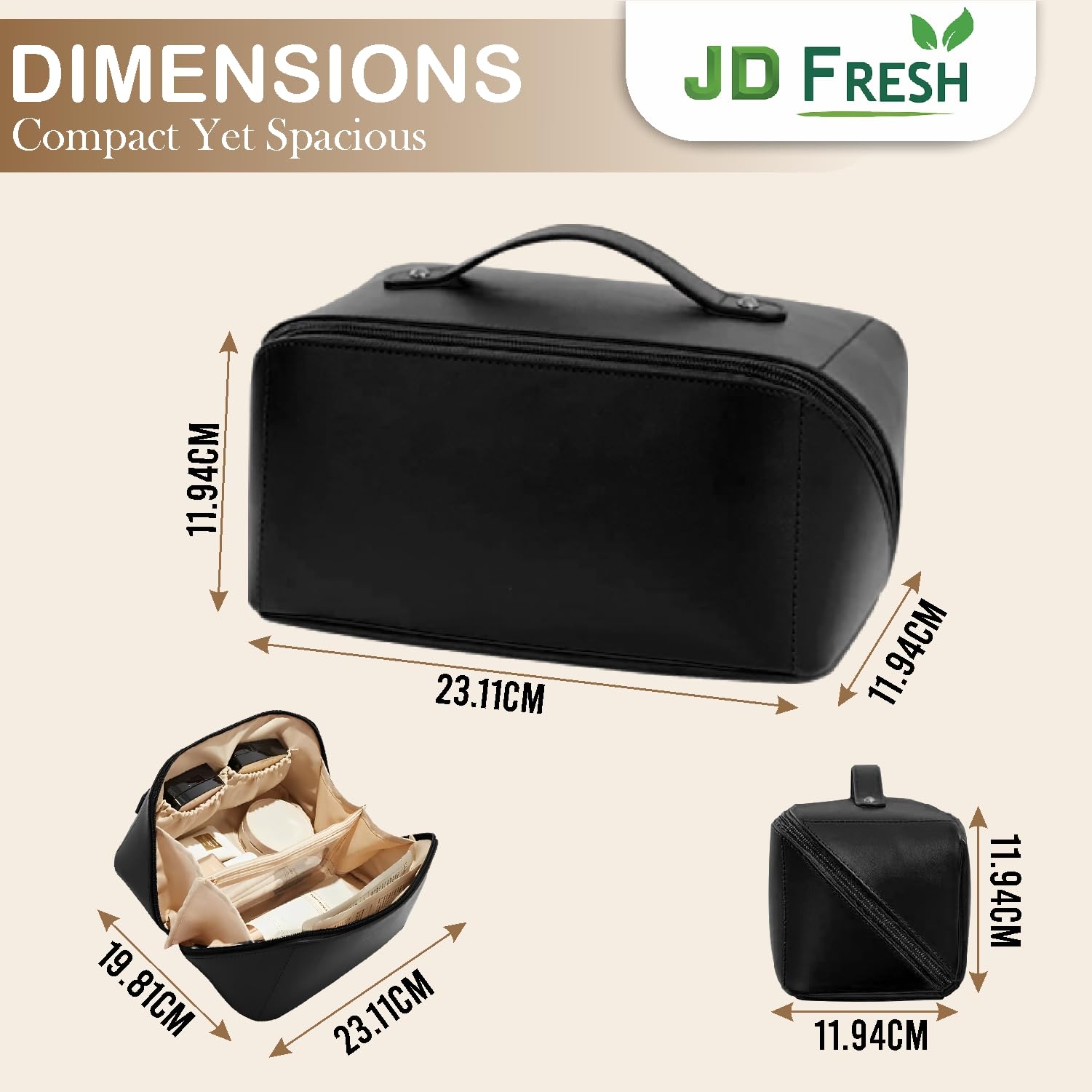 JD FRESH Wide Opening Leather Makeup Organizer Bag/Large Capacity Cosmetic Pouch with Partition & Carry Strap/Portable Toiletry & Vanity Bag for Women/Travel Makeup Bag(Black) - Image 3 thumbnail