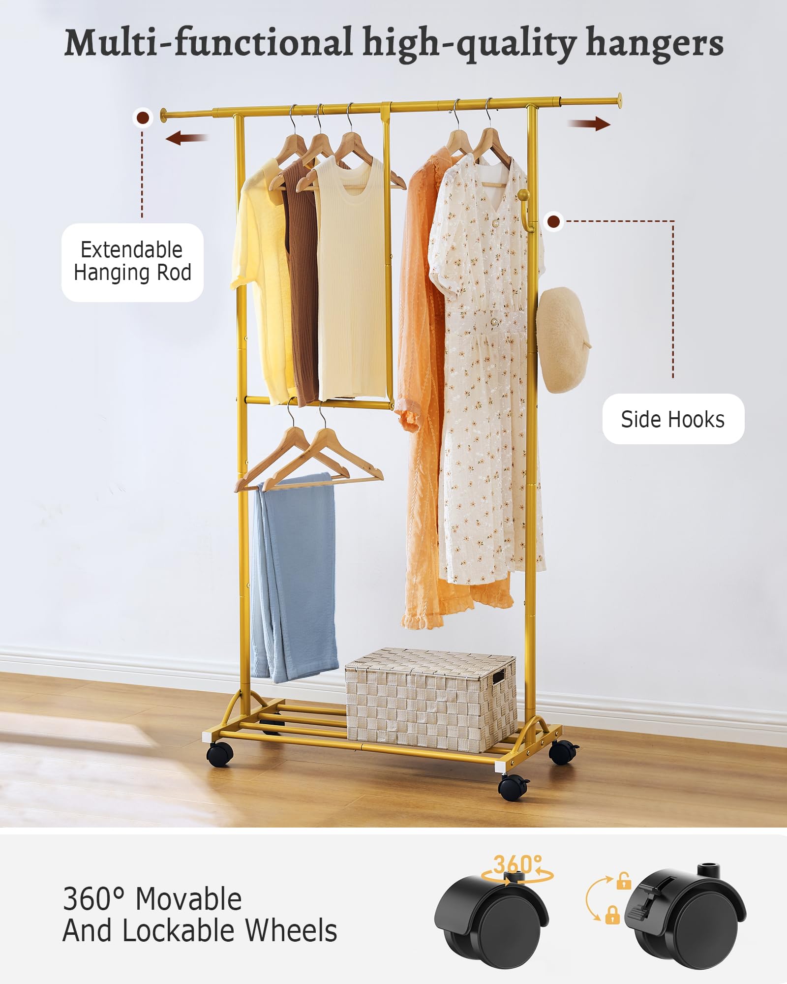 FAVOOSTY Stand Appendiabiti con Ruote, Attaccapanni Estensibile,Barra centrale regolabile, Doppia barra, (90-120) x 39,5 x160 cm, Facile montaggio,Oro