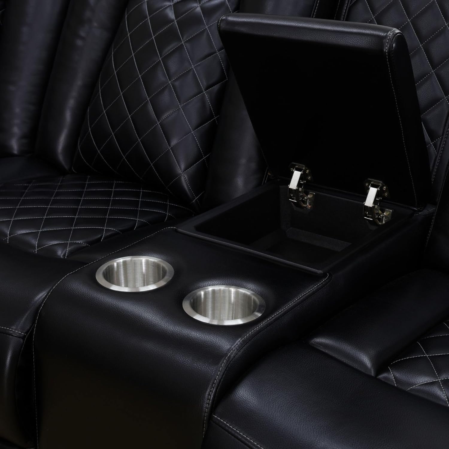 Recliner Sofa Black Breathing Leather Living Room ﻿ LED Lighting USB Charging Cup-Holder