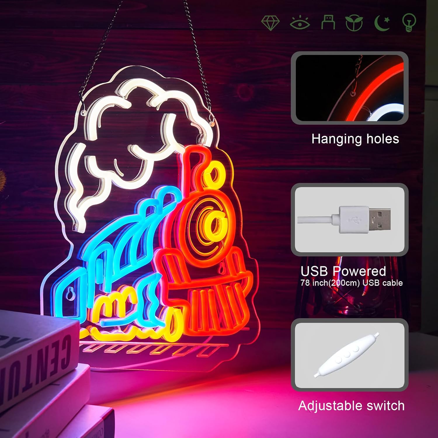 Steam train Neon Sign Train Lamp for Wall Decor Smart plug timer compatible USB-Powered Teen Room Birthday Gifts for Kids Boys Room Decor(12.6x14.3Inch)