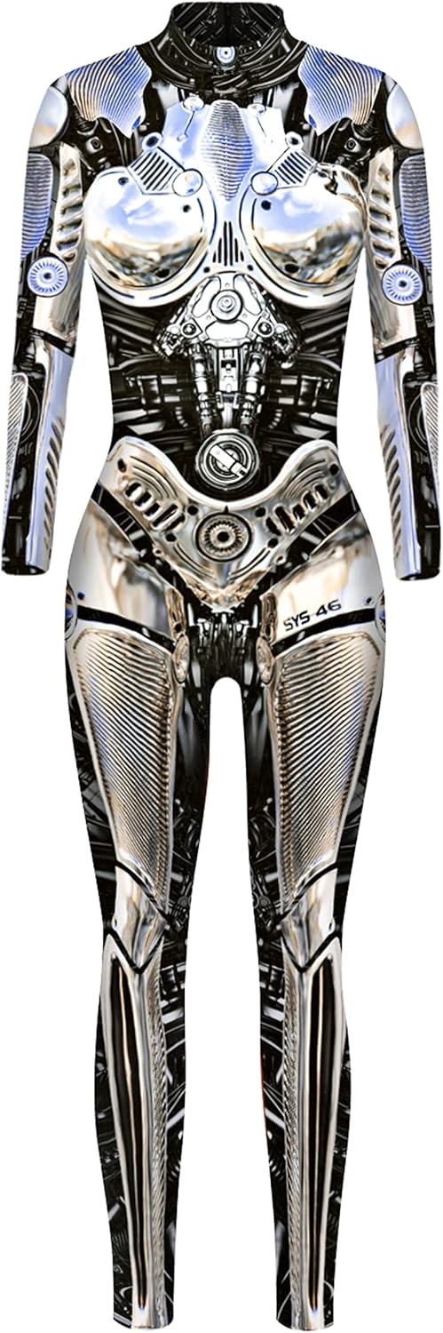 FEOYA Skeleton Jumpsuit for Women Halloween Costume Long Sleeve Skinny Catsuit 3D Print Skull Bodysuit Bone Cosplay Outfit