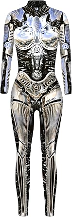 FEOYA Skeleton Jumpsuit for Women Halloween Costume Long Sleeve Skinny Catsuit 3D Print Skull Bodysuit Bone Cosplay Outfit