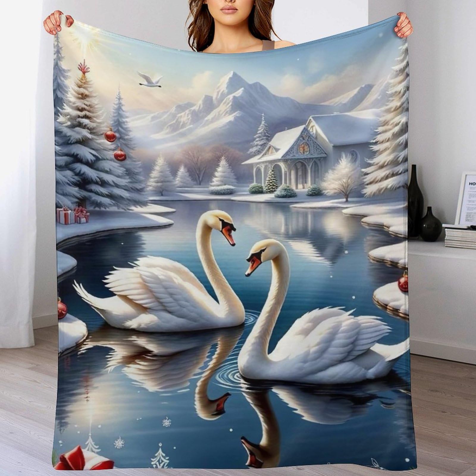 Couverture de balcon et camping flannel imprimé cygne 140x180