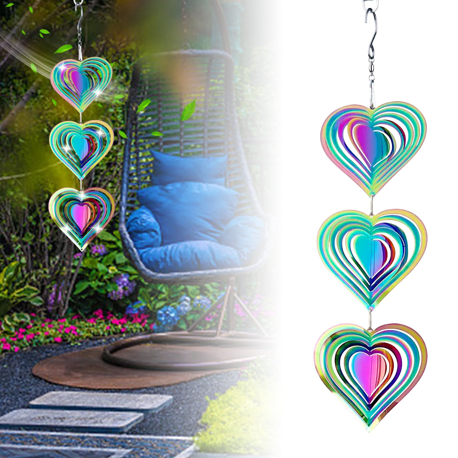 Metal Spiral Heart Wind Spinner Indoor Outdoor, Hanging Stainless Steel Wind Spinner