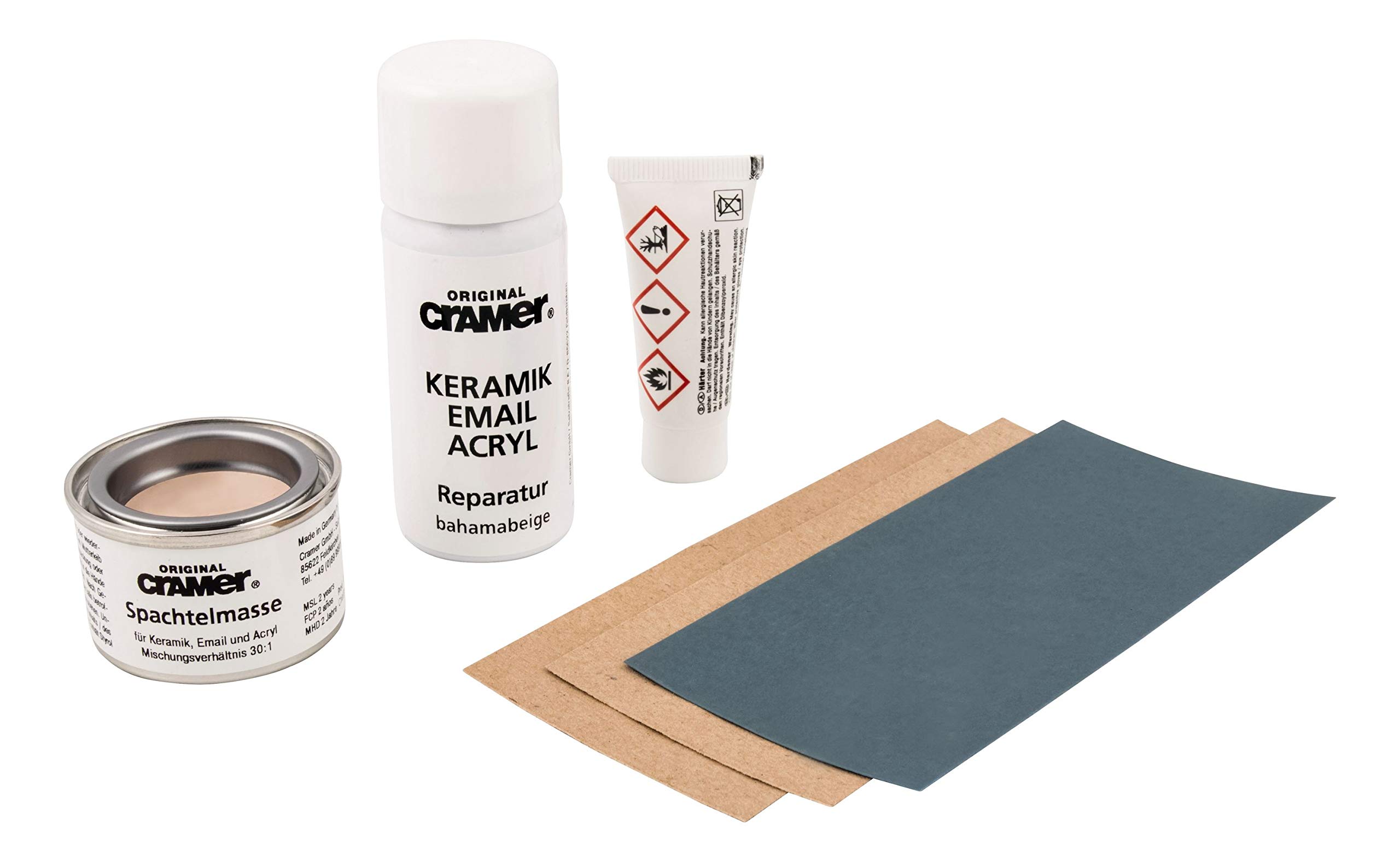 Cramer Reparatur-Set für Keramik, Emaille & Acryl, Bahama-Beige, CRA16250DE, bei Abplatzungen & Kratzern, Set: 2-Komponenten-Spachtelmasse, Härter, Reparaturlack, Spachtel, Schleifmittel, 66105 8