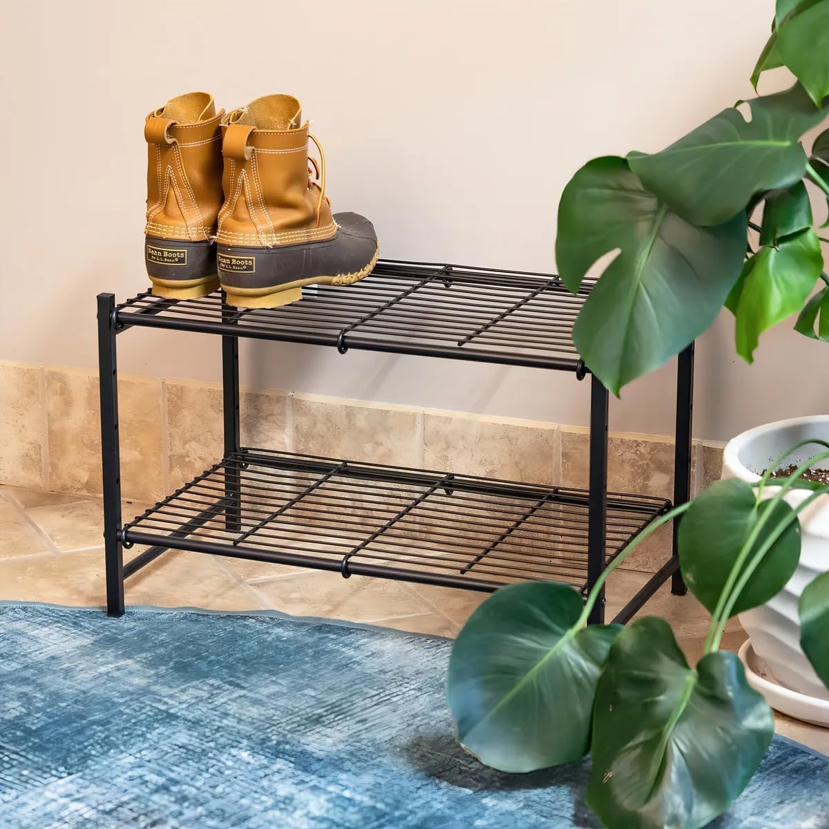 Aspen 2-Tier Stackable Shoe Rack Organizer, Heavy-Duty Metal Storage Shelf, Black Powder-Coated Finish, Space-Saving Modular Spice Rack, Kitchen Countertop Organizer & Cutlery Stand for Entryway
