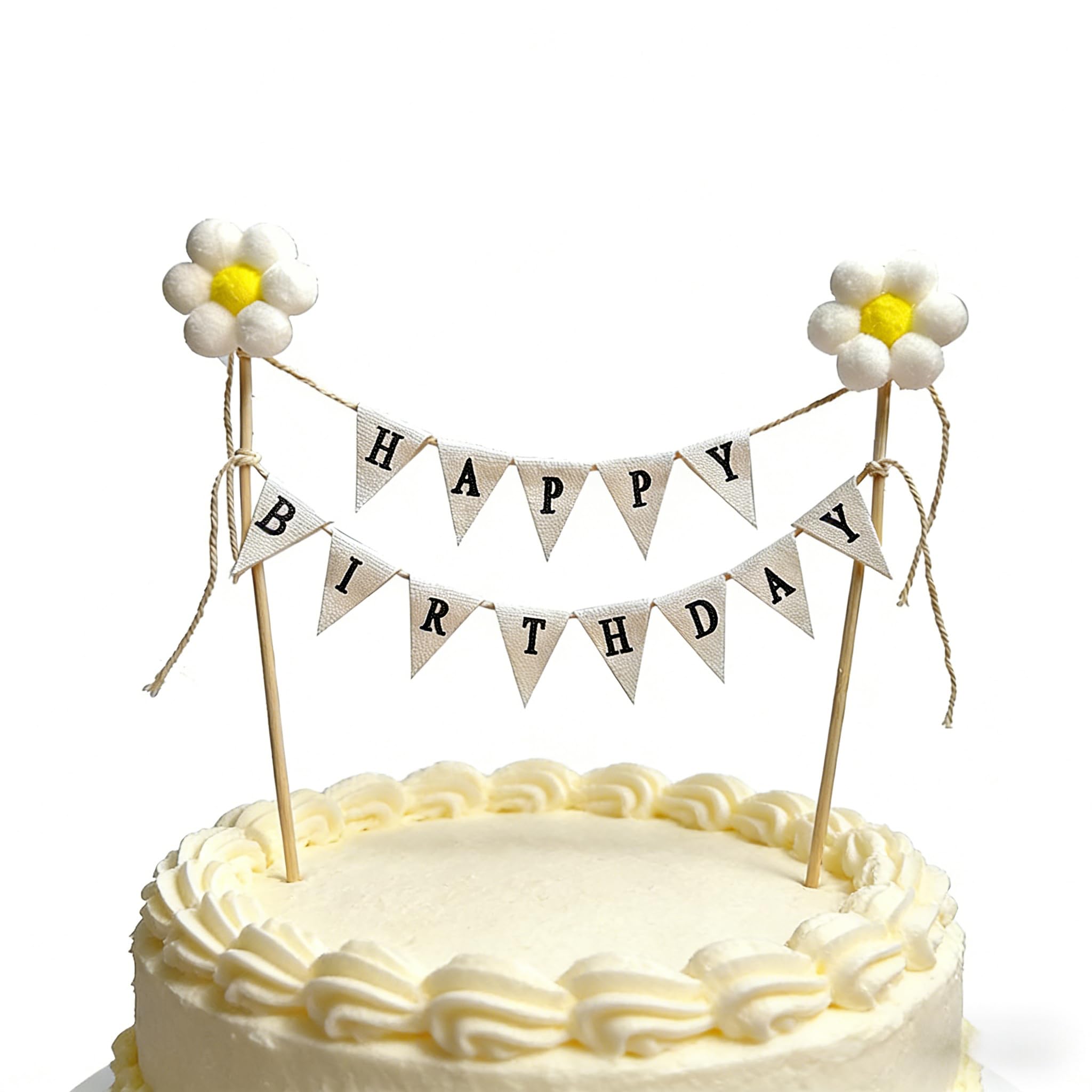 Happy Birthday Flag Banner Cake Topper, Handmade Ivory Cotton Pennant & Flower Flags with Wooden Poles Party Decorations for Cakes & Cupcakes