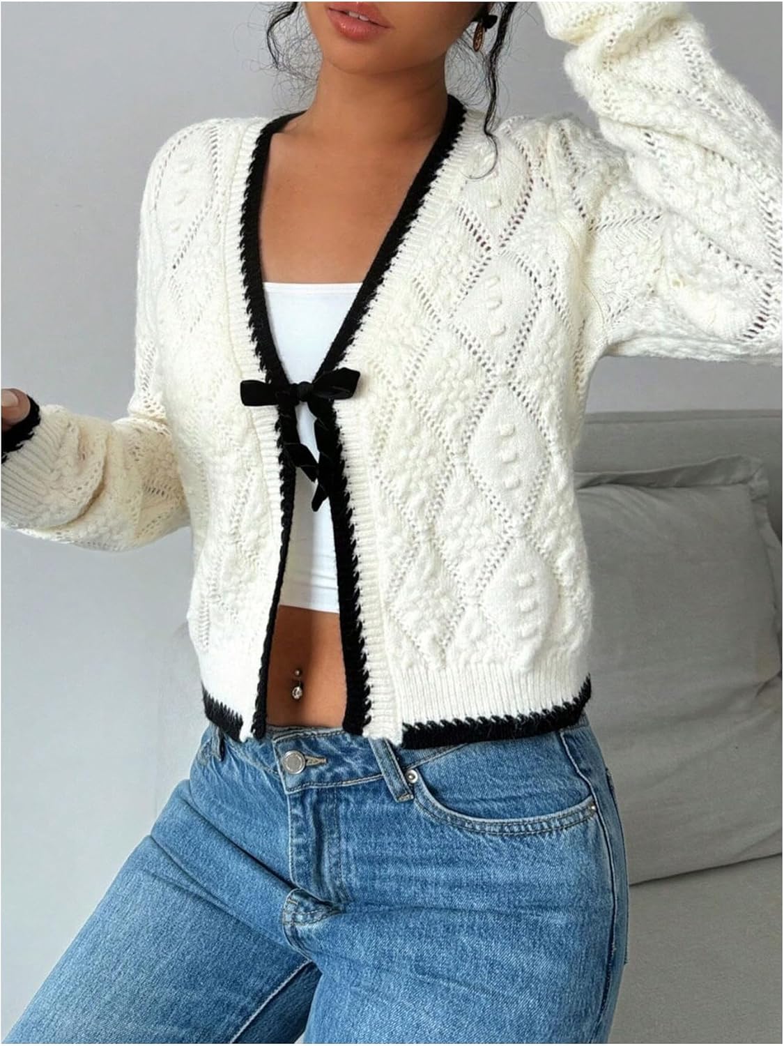 GORGLITTER Women's Tie Front Cropped Cardigan Dressy Fall Sweaters Long Sleeve Knit Crochet Tops - Image 4