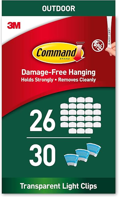 Command Outdoor Decorating Clips - Value Pack of 26 Mini Hooks and 30 Small Adhesive Strips - Transparent - Clips for Hanging Decorations and Fairy Lights Outdoors - Damage Free Hanging