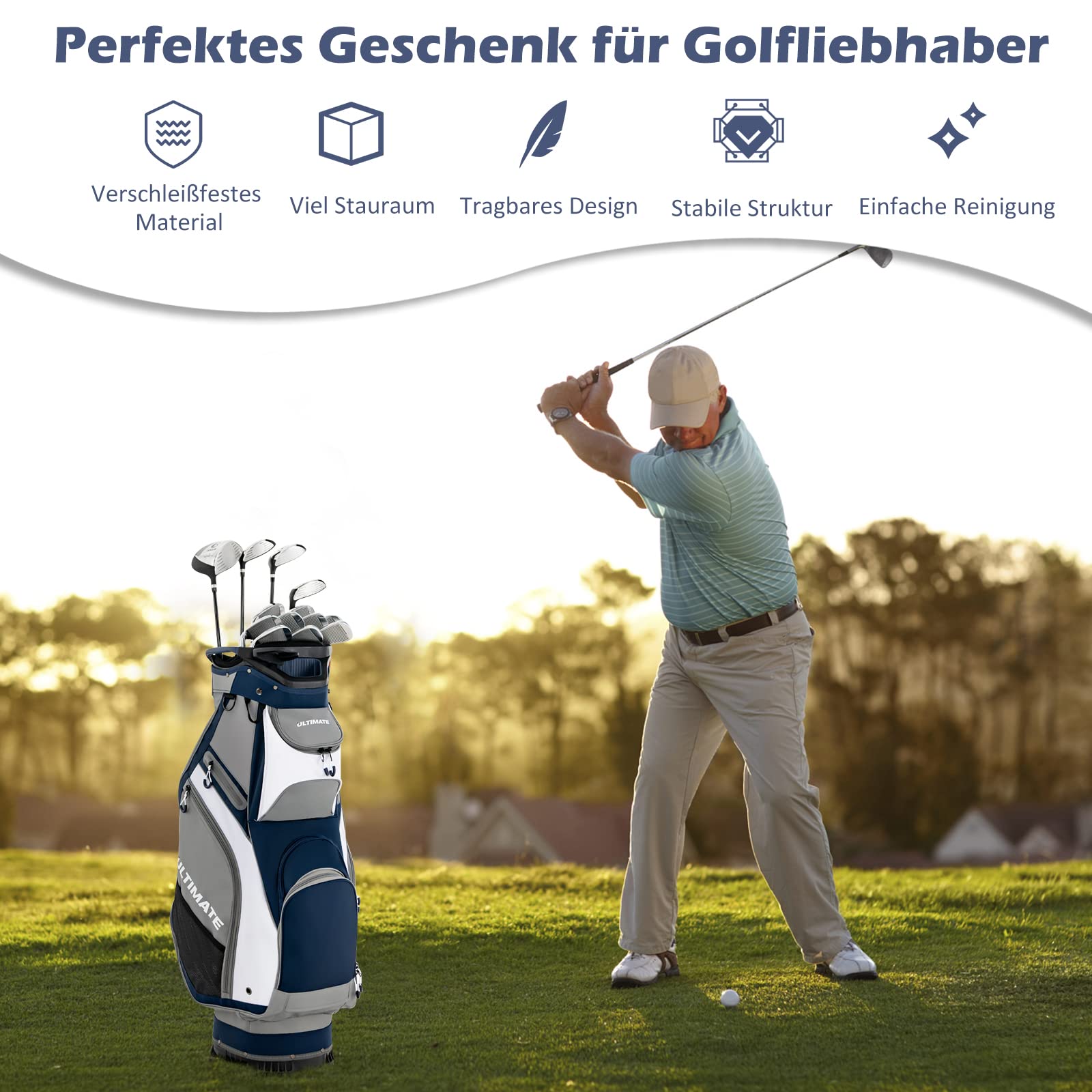 COSTWAY Torba golfowa z pokrowcem przeciwdeszczowym, torba golfowa z 14 przegródkami, przenośna i odporna na działanie wody