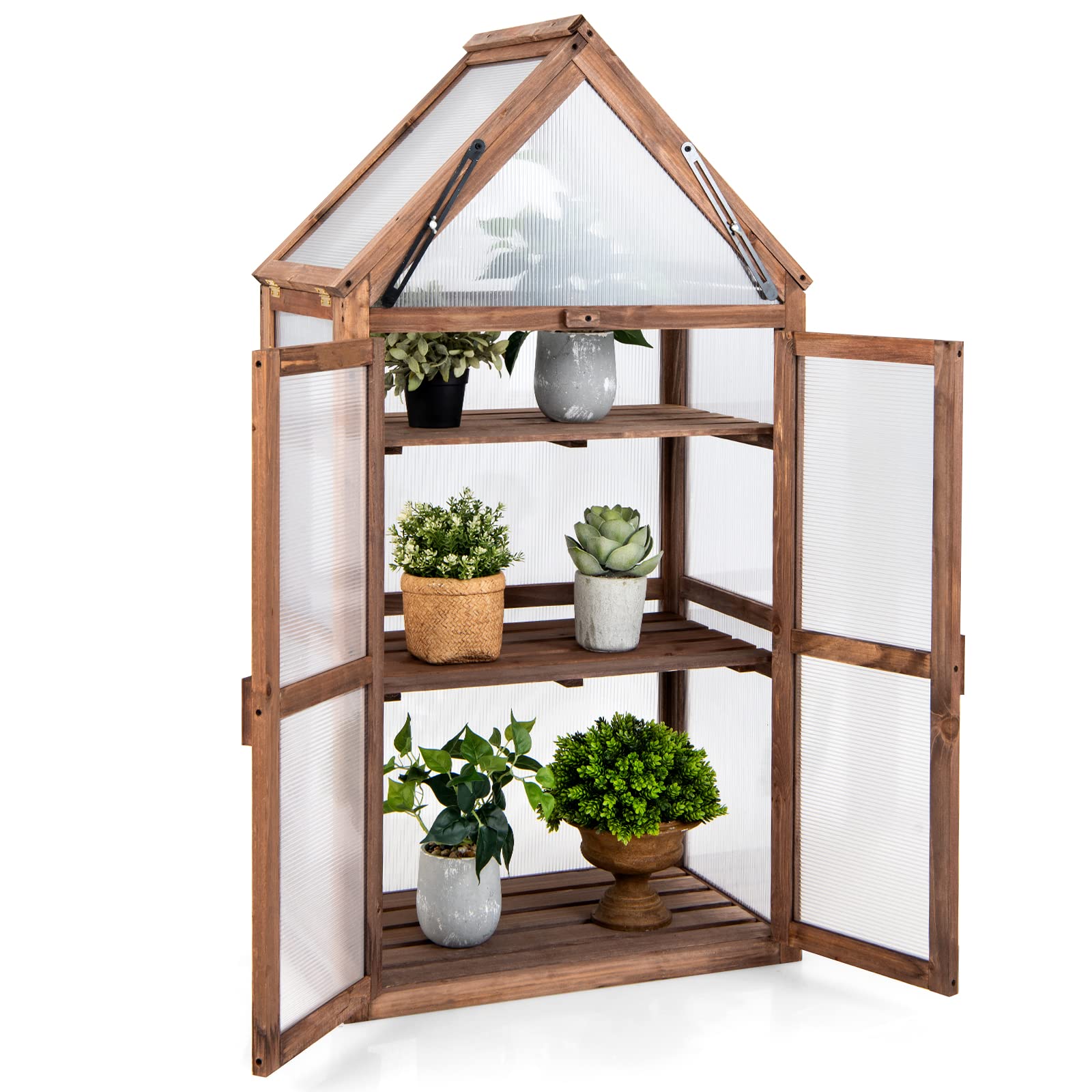 GOPLUS Mini Serre en Bois à encadrement Froid, étagère de jardinière surélevée avec Toit Transparent ouvrable, Portes Doubles et étagères à 3 Niveaux, Serre Portable pour Jardin, Cour, Balcon