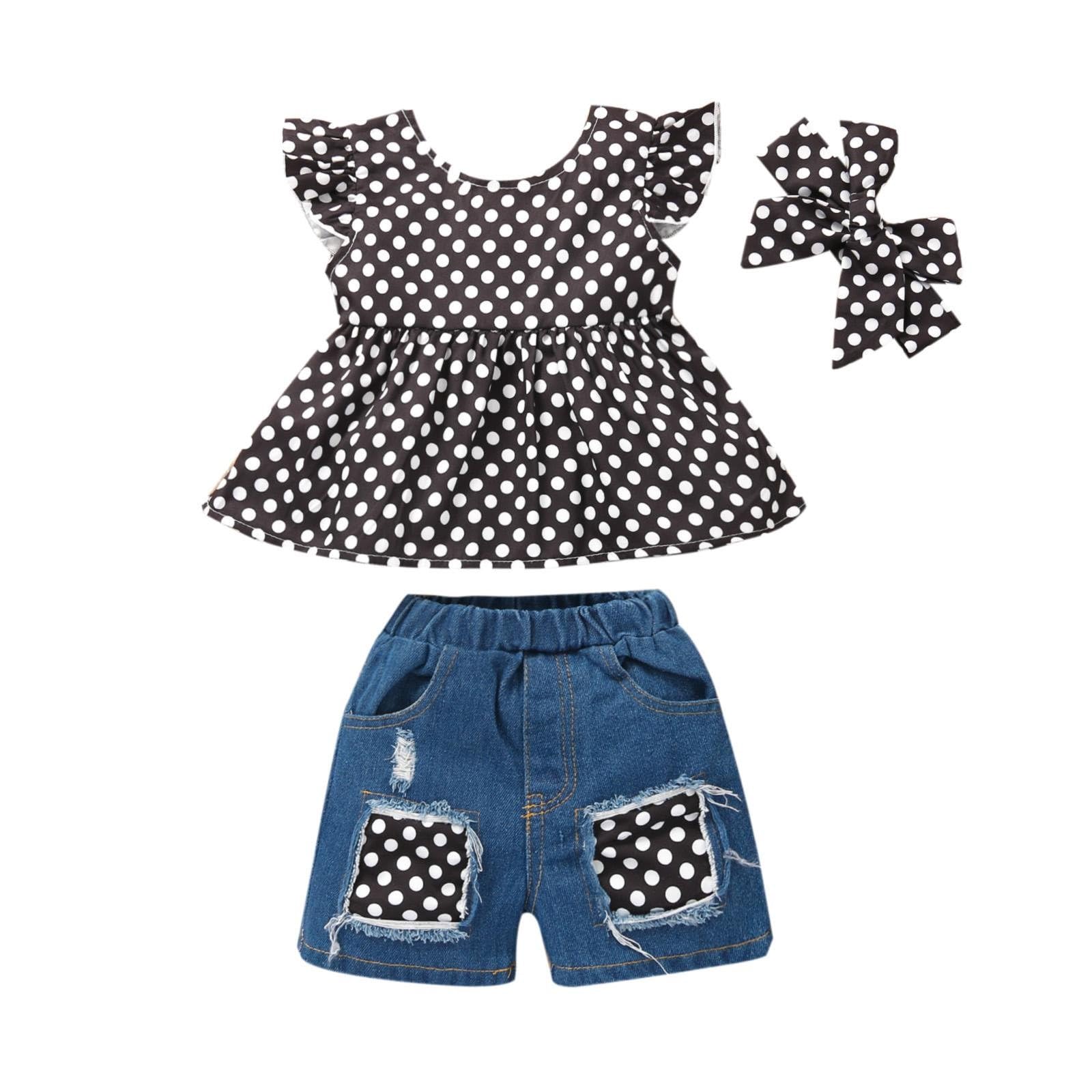 Tops de Botones con Volantes a Cuadros de Verano para niñas pequeñas + Pantalones de Mezclilla Rasgados Trajes Vestido de Verano de Traje Casual Ropa Escolar para Bikini Traje De Baño