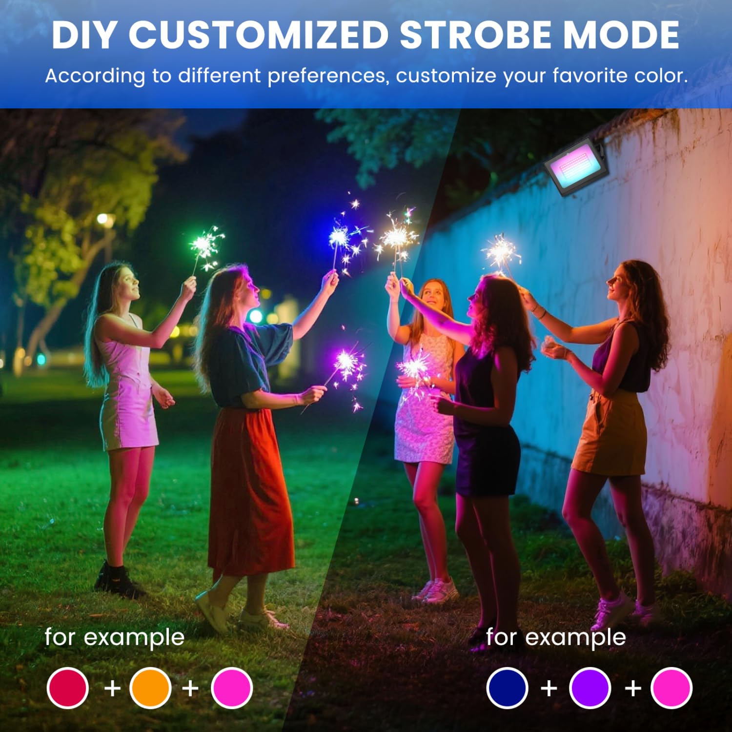 Aigostar Faretto LED RGB per esterni da 50W,Faretto led a colori con spina,6 modalità di stroboscopio,modalità DIY,timer, regolabili,IP65 impermeabile per giardino,Cavo da 1,5 m, 2 Pezzi