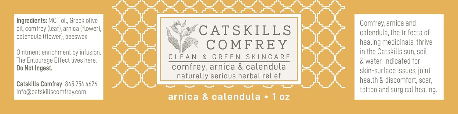 Catskills Comfrey, Arnica & Calendula (4oz) — 3 in 1 Comfrey Salve for Bone Healing Organic — Comfrey Oil Cream, Only 4 Natural Ingredients — Home-Grown & Home-Made, Multi-use Natural Skincare