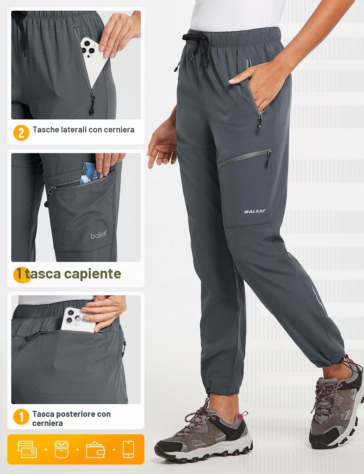 baleaf Pantaloni Trekking Donna UPF 50+ Asciugatura Rapida Pantaloni Cargo Donna Traspiranti Impermeabile 01-Grigio Profondo L