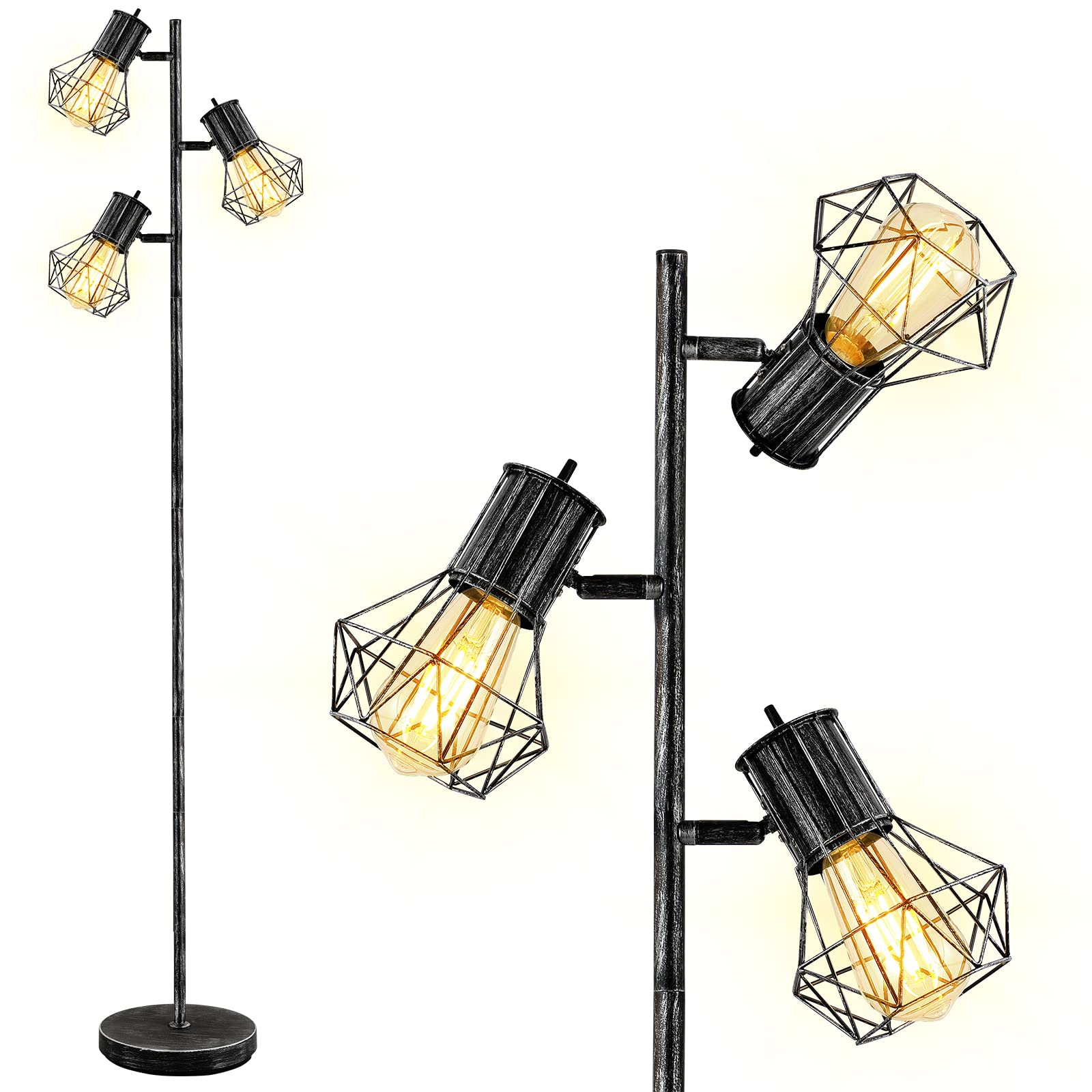 BoostArea Industrial Floor Lamp,Standing Lamp,Farmhouse Tree Floor Lamp with 3pcs 6W Edison Bulbs,Free Adjustable Cage Heads,Independent Control,Floor Lamp for Living Room,Bedroom,Rustic Home
