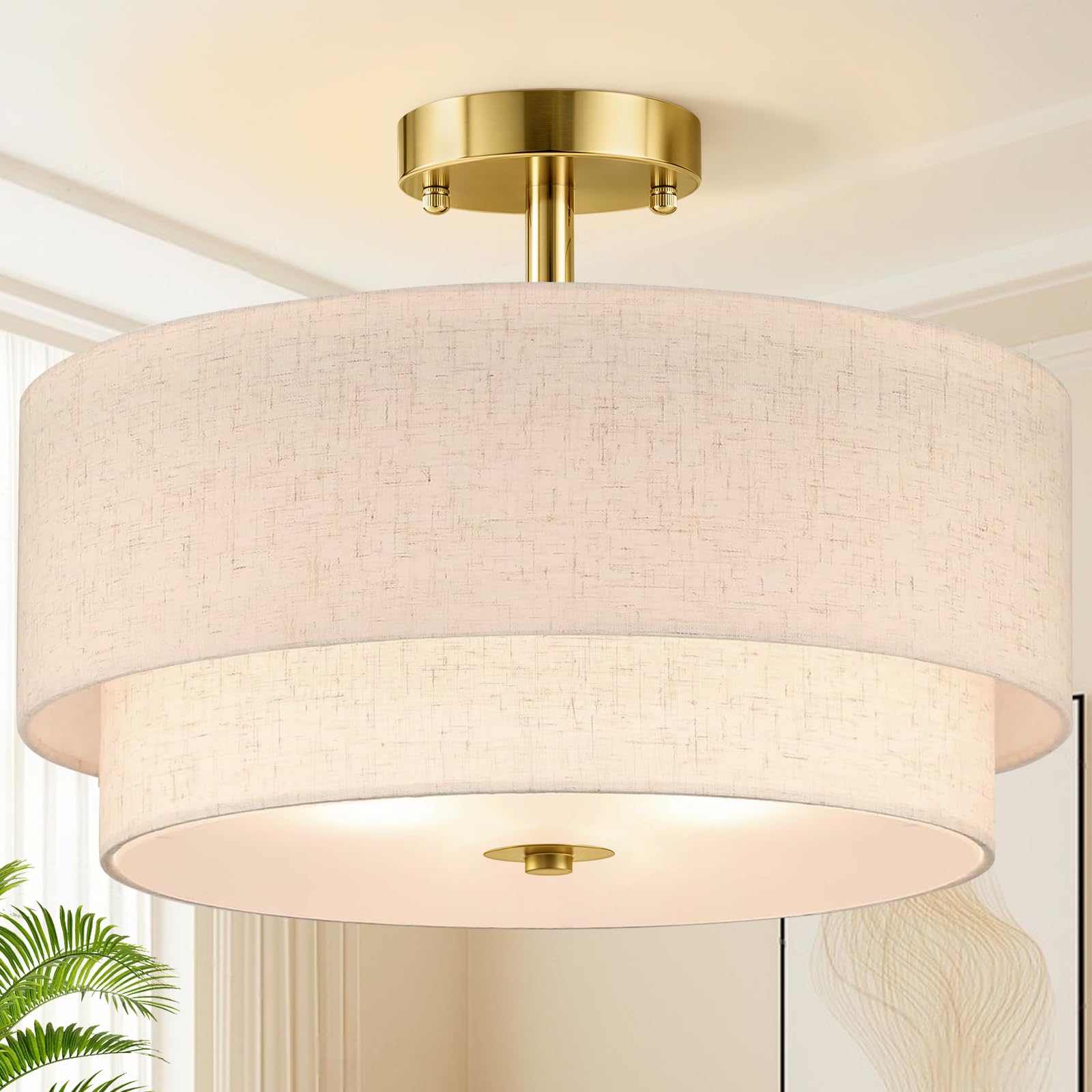Semi Flush Mount Ceiling Lights, 16In Fabric Drum Linen Shade Ceiling Light
